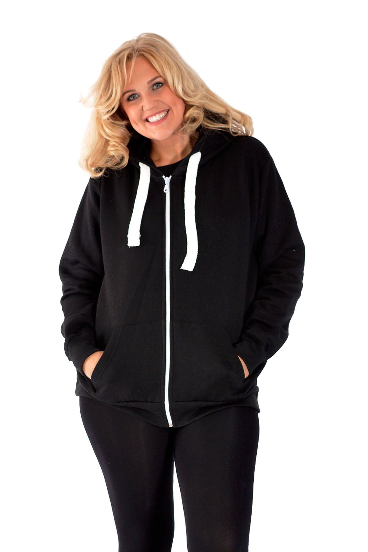 Plus Size Pocket Plain Zip Hoodie Tops WearAll Black 14