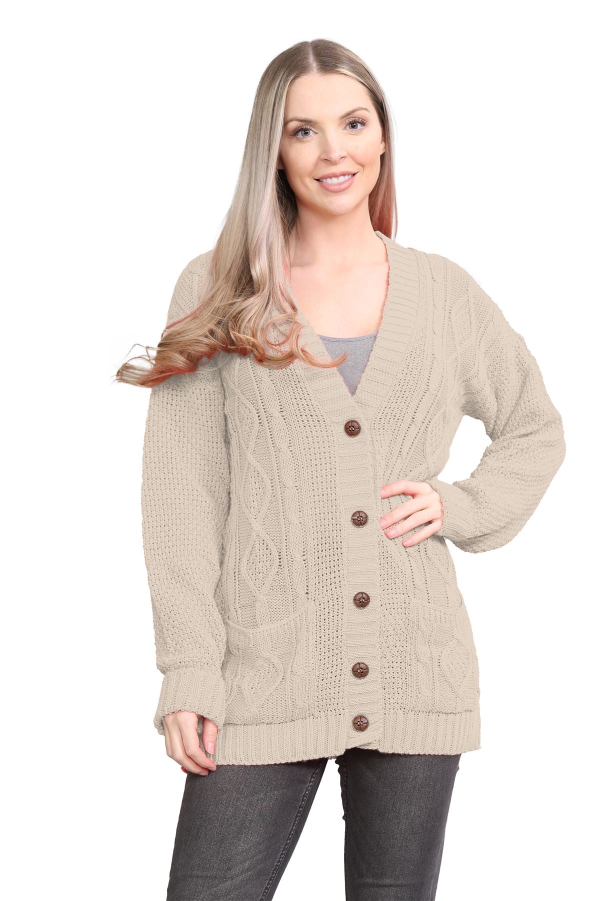 Plus Size Cable Knitted Button Cardigan Knitted Cardigan WearAll Stone 16-18