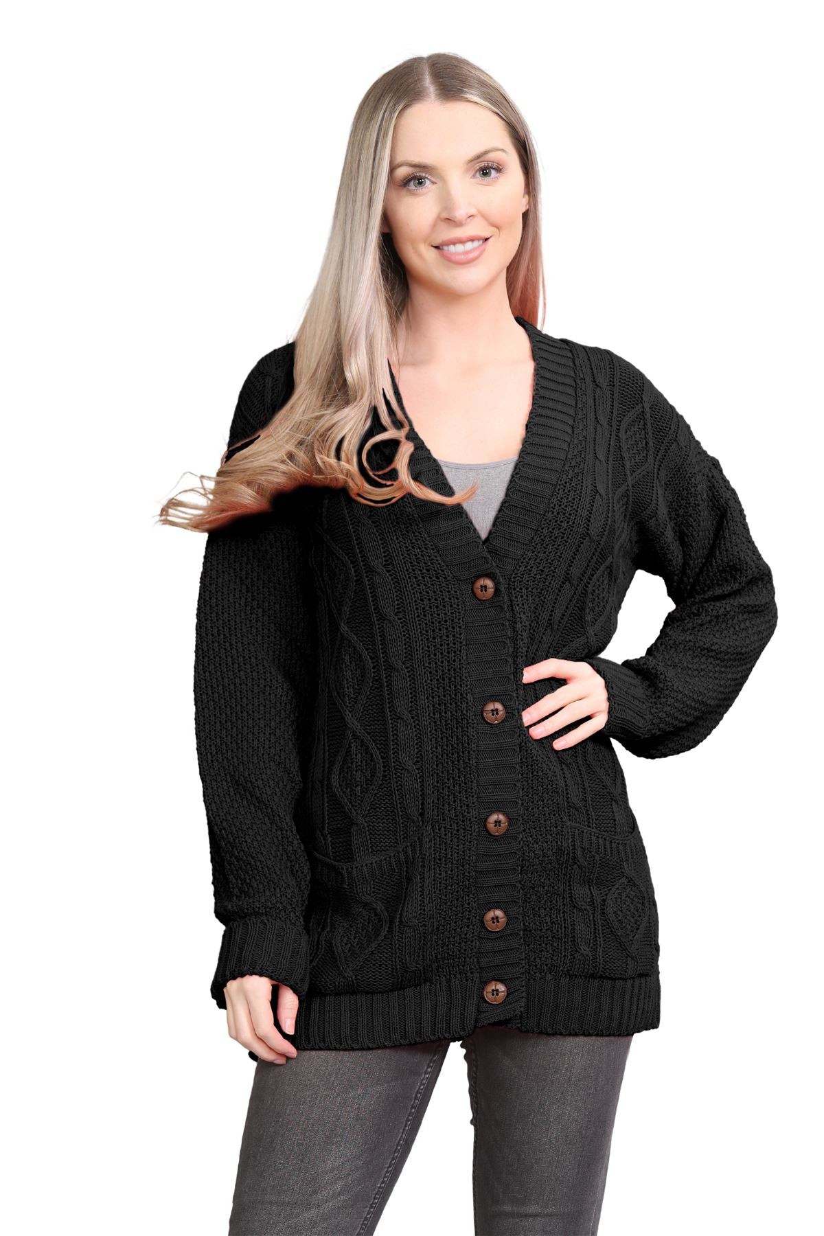 Plus Size Cable Knitted Button Cardigan Knitted Cardigan WearAll Black 16-18