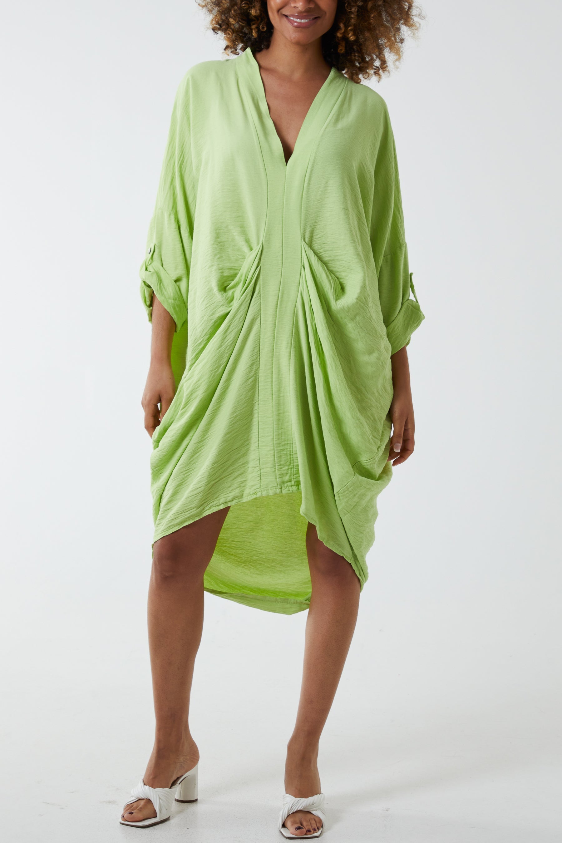 V Neck Draped Midi Dress DMF2 WearAll Lime One Size