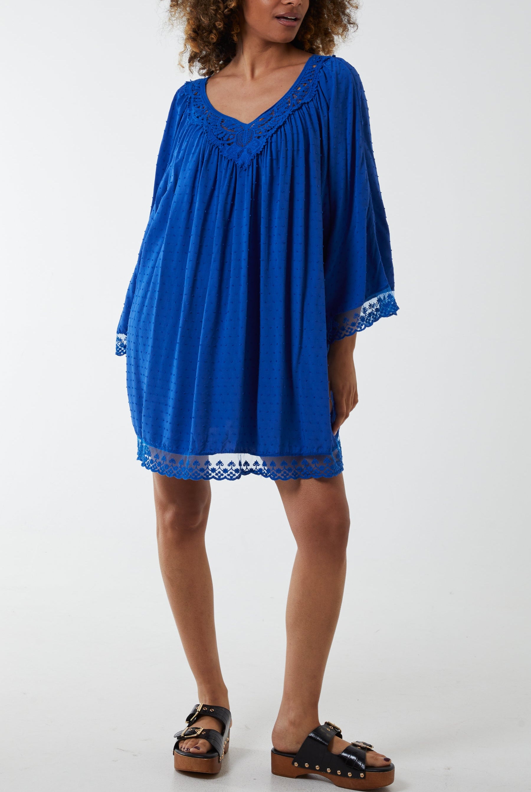 Lace Hem Broderie Collar Mini Dress DMF2 WearAll Royal Blue One Size