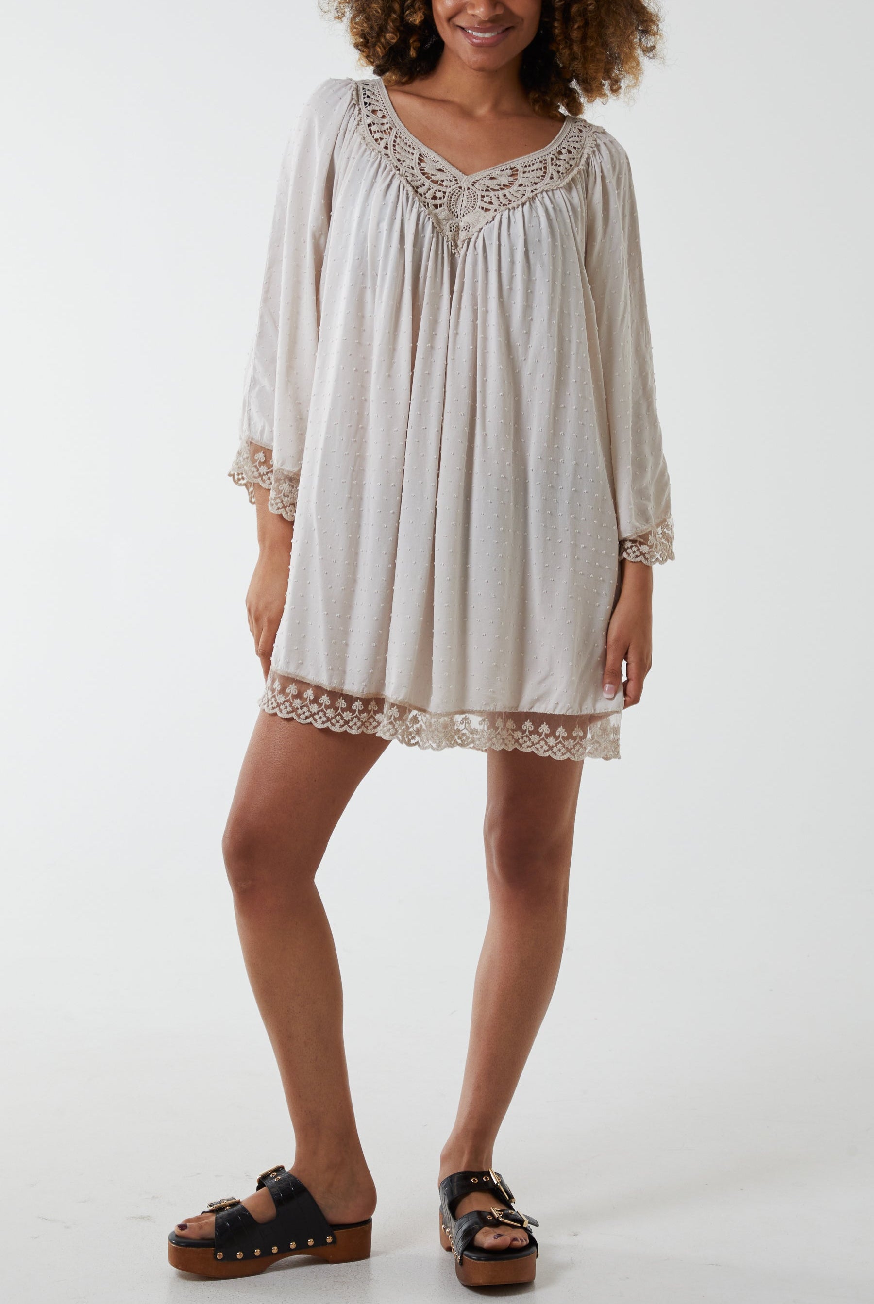 Lace Hem Broderie Collar Mini Dress DMF2 WearAll Stone One Size