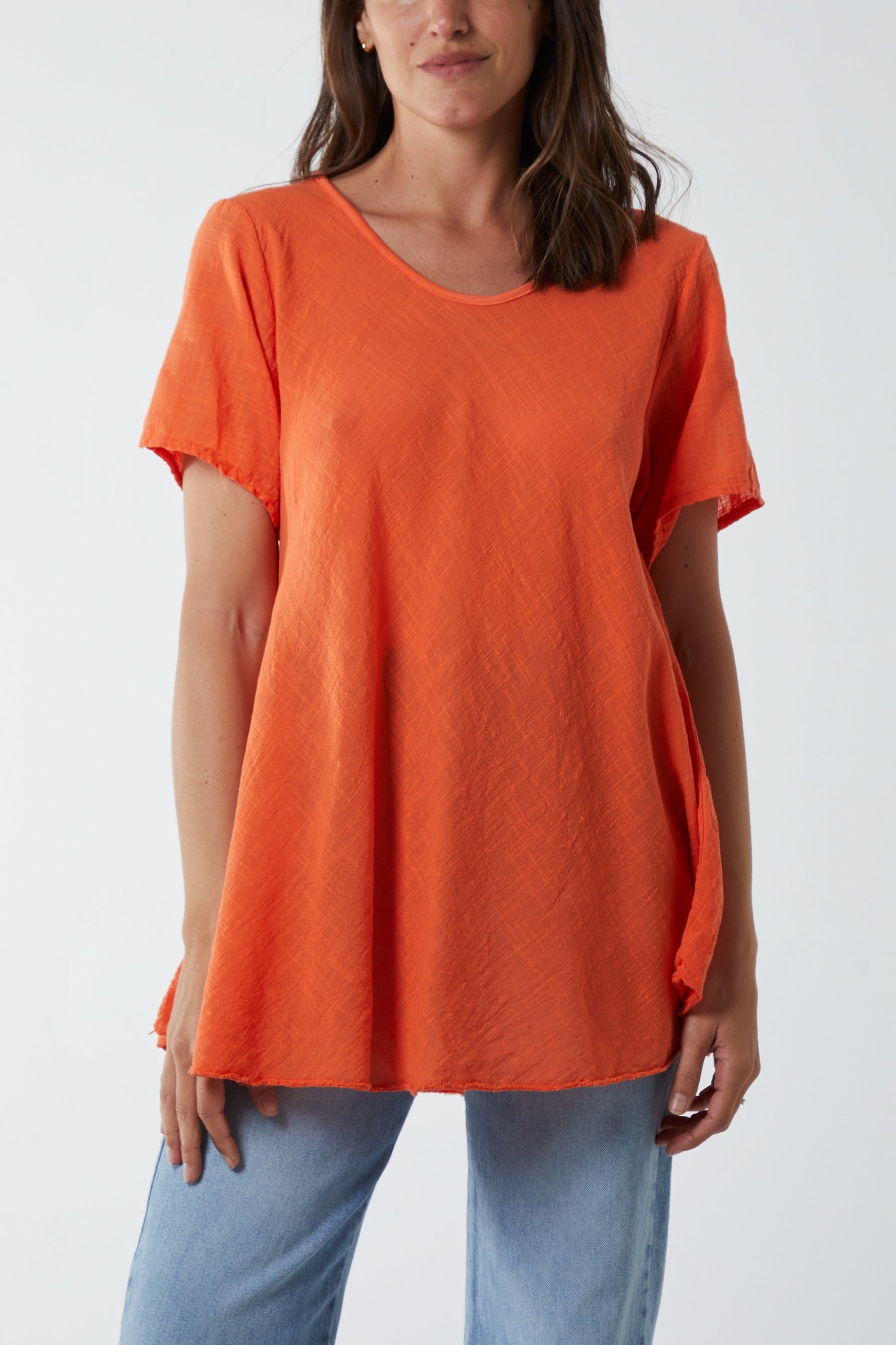 Round Neck Short Sleeve Cotton T-Shirt T-shirts WearAll Orange One Size