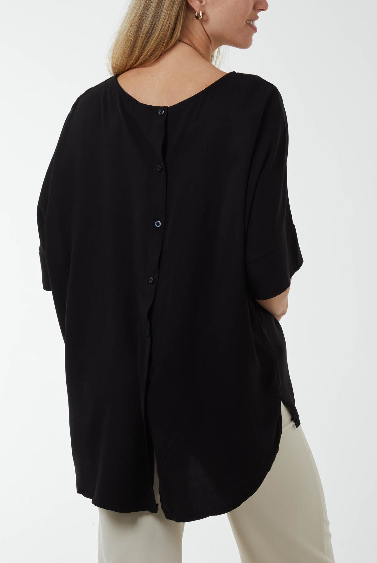 Button Back Asymmetric Necklace Top Tops WearAll