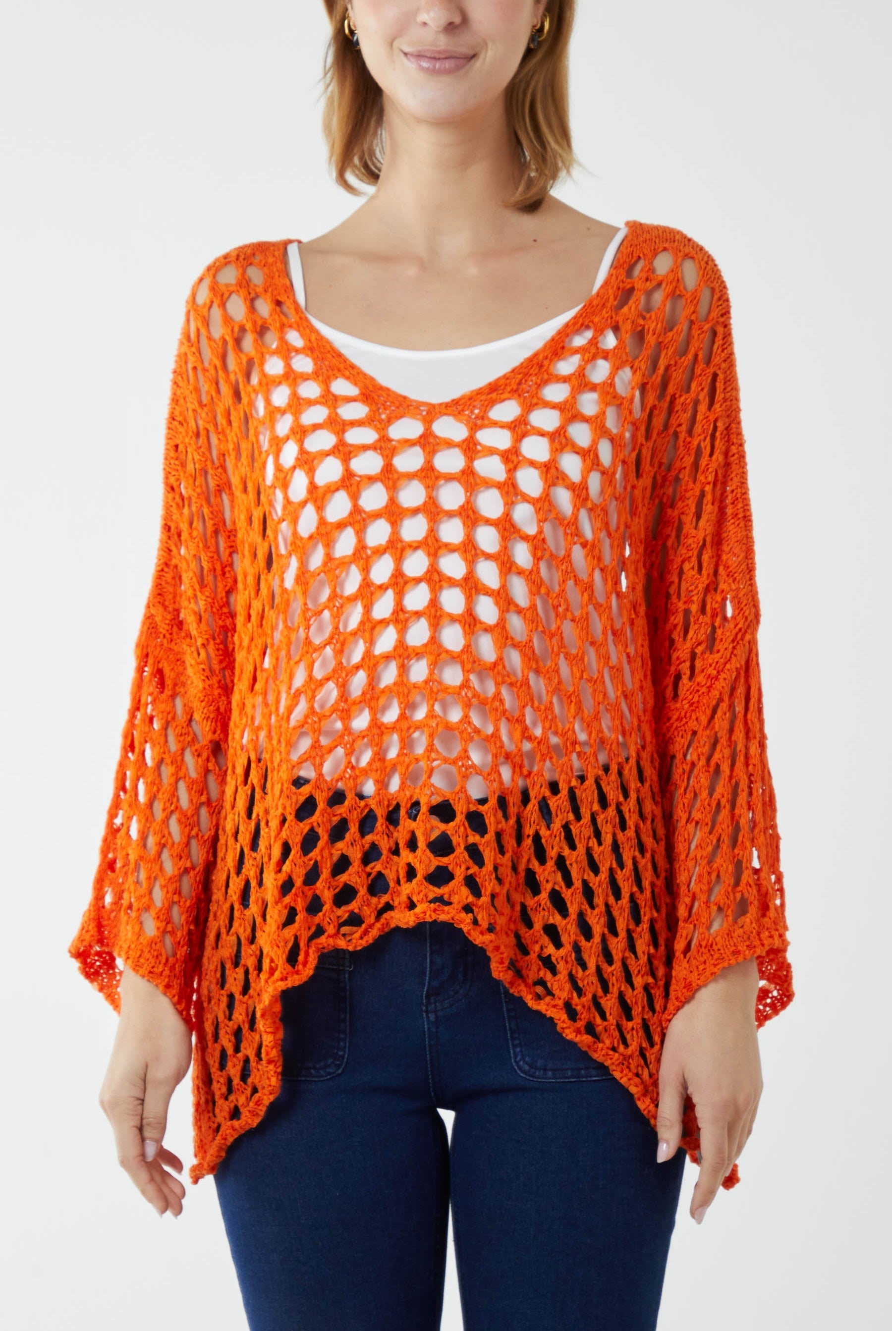 Crochet Round Neck Long Sleeve Top TOPMF2 WearAll Orange One Size