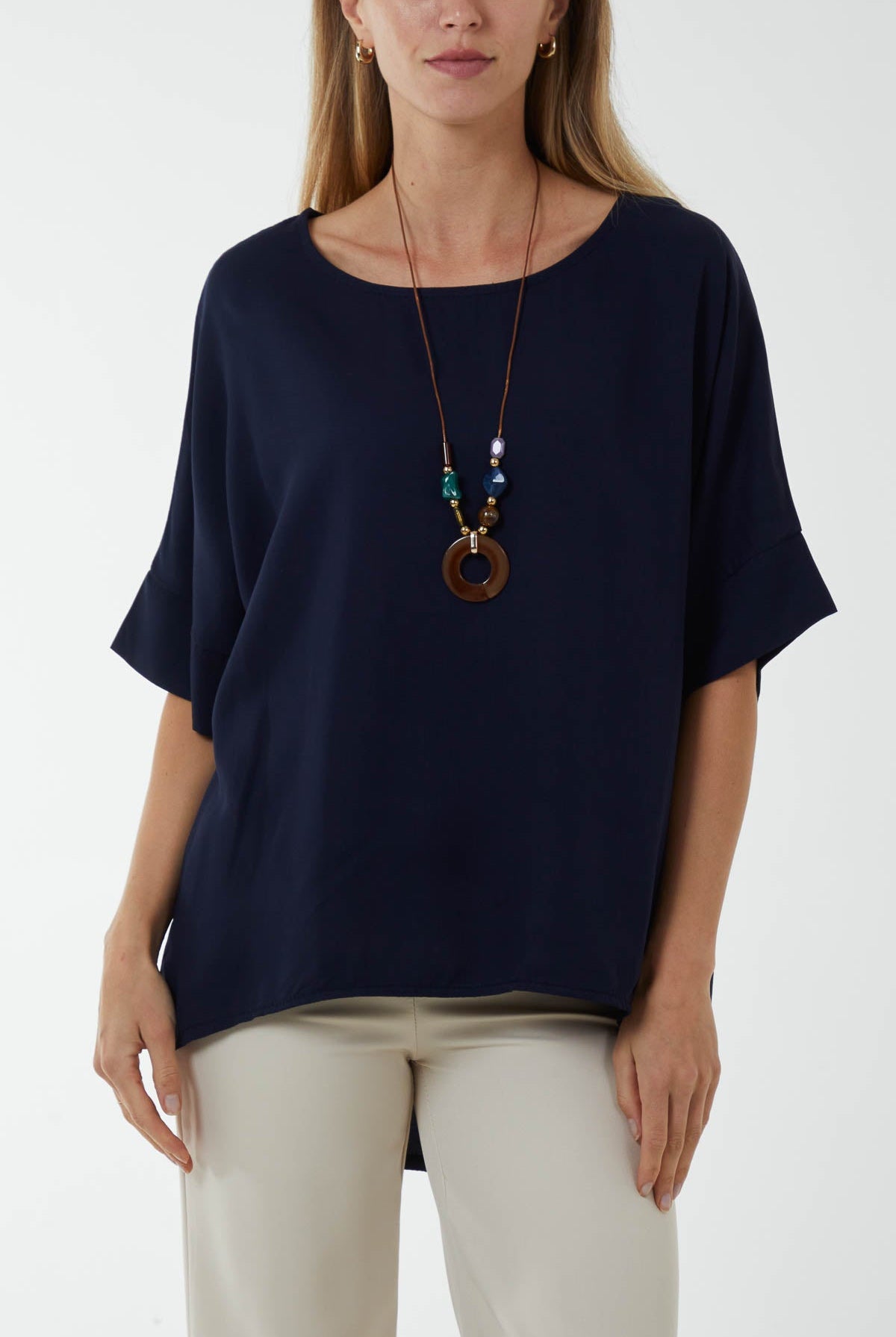 Button Back Asymmetric Necklace Top Tops WearAll Navy One Size