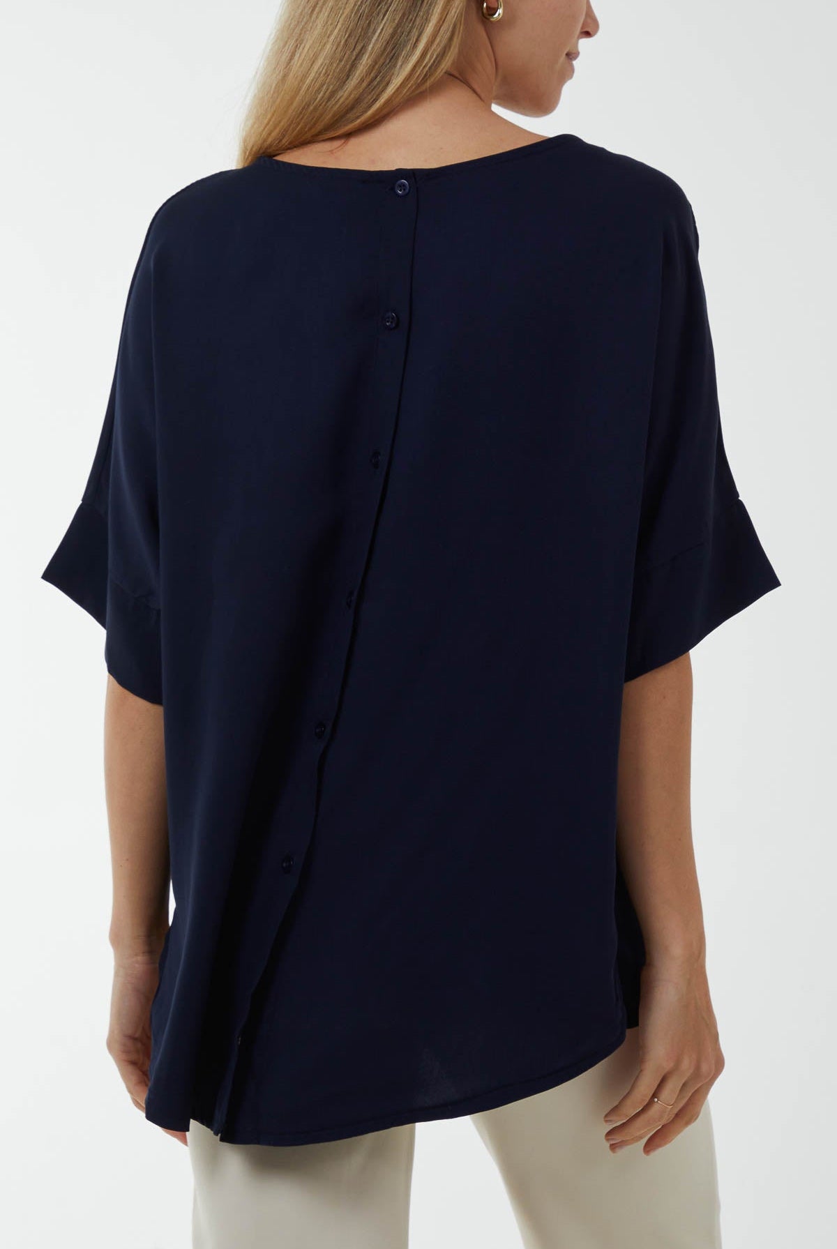 Button Back Asymmetric Necklace Top Tops WearAll