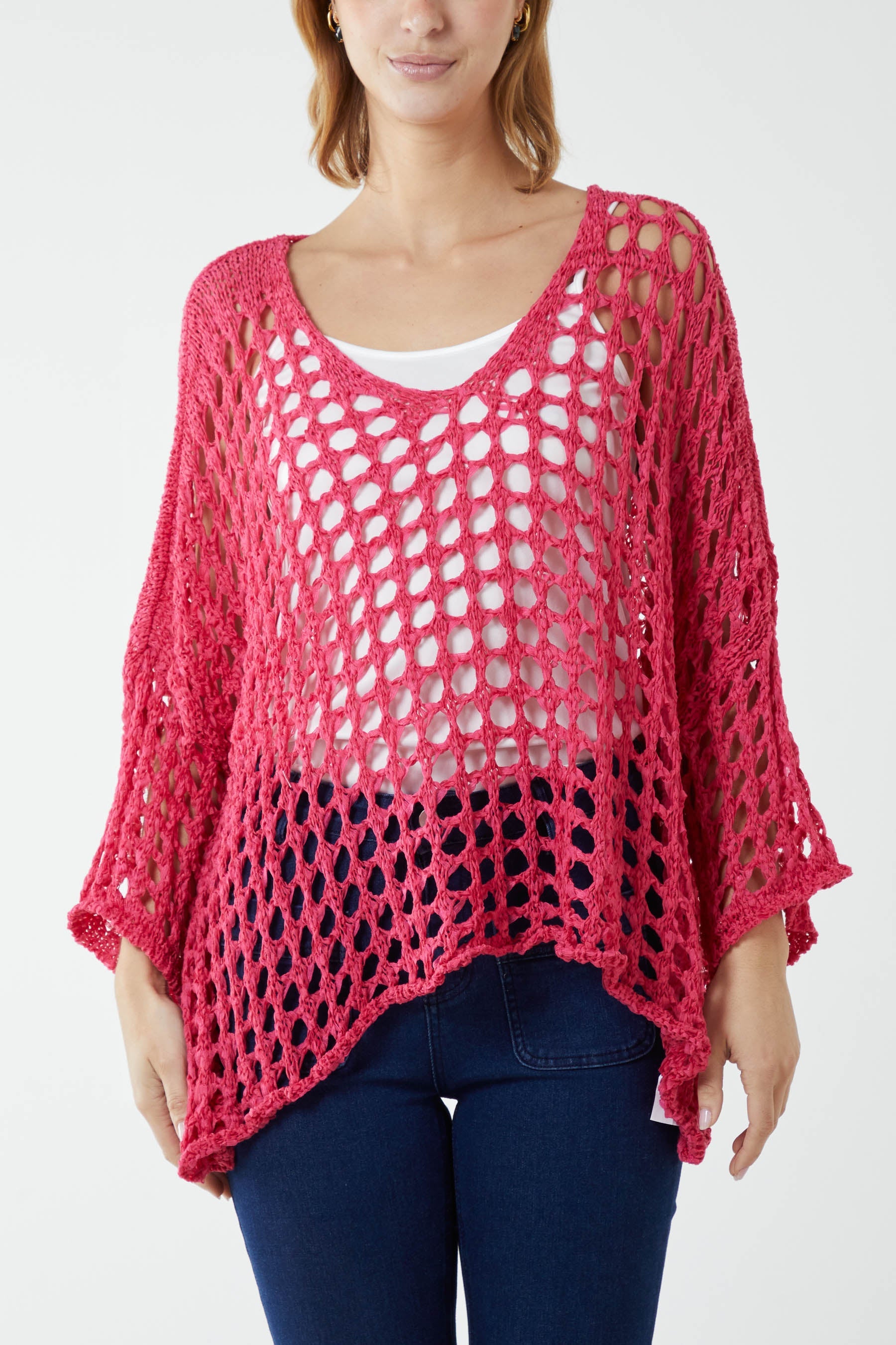 Crochet Round Neck Long Sleeve Top TOPMF2 WearAll Hot Pink One Size