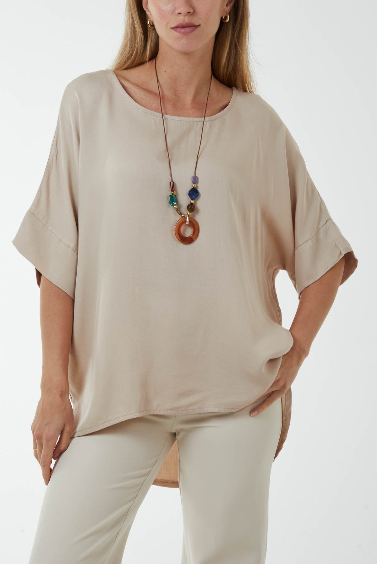 Button Back Asymmetric Necklace Top Tops WearAll Stone One Size