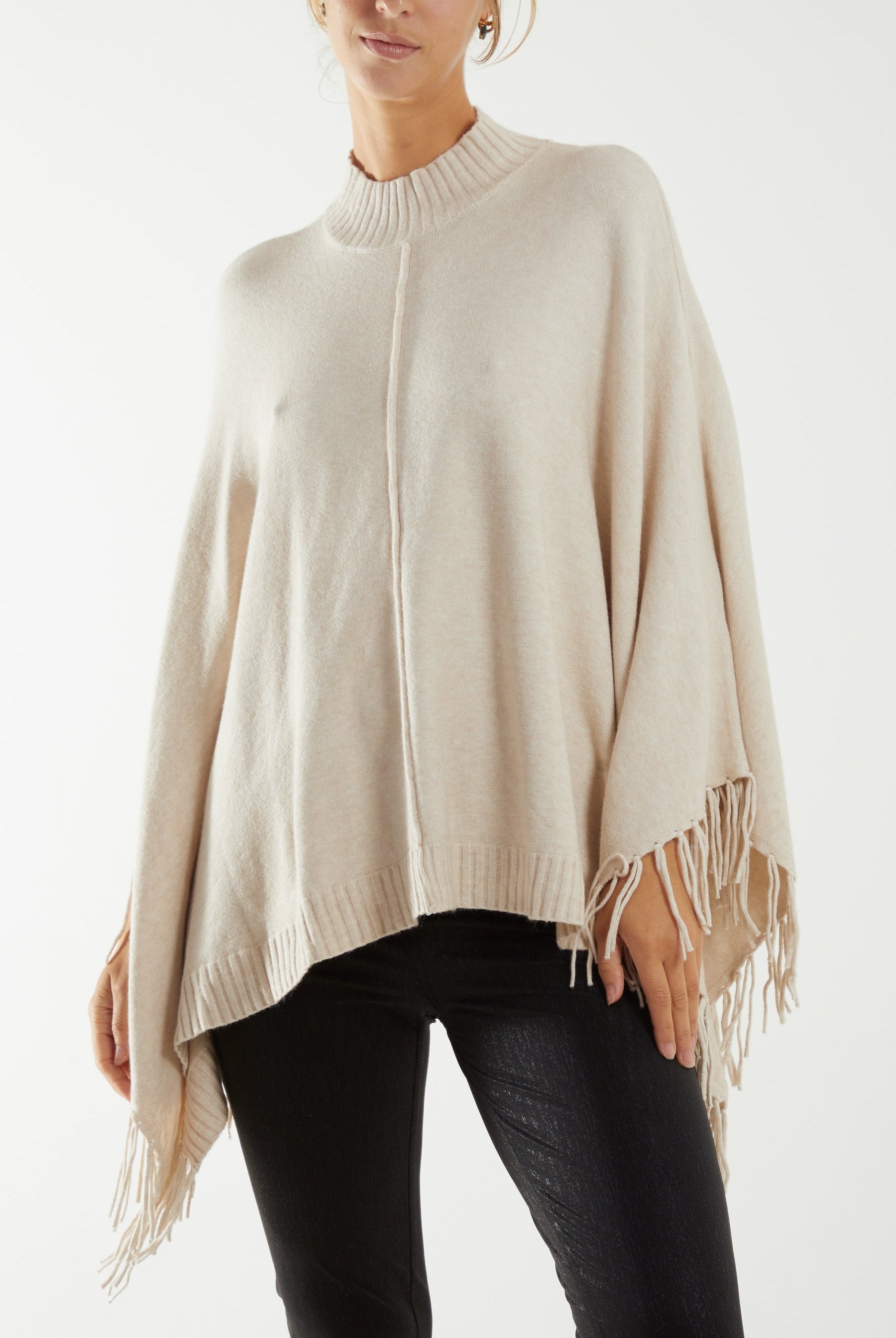 Turtle Neck Fringed Poncho Ponchos WearAll