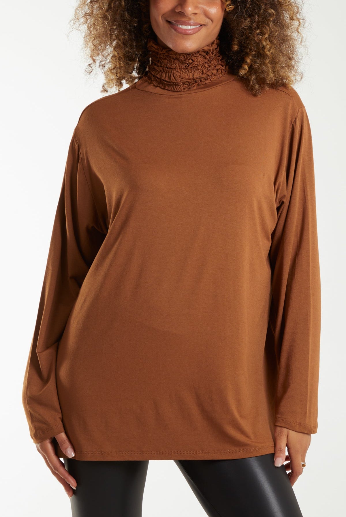 Long Sleeve Frill Turtle Neck Top Tops WearAll Tan One Size