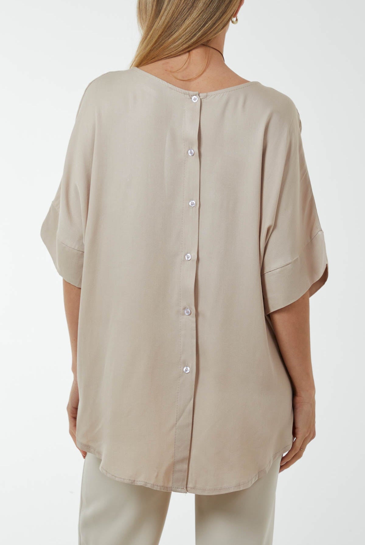 Button Back Asymmetric Necklace Top Tops WearAll