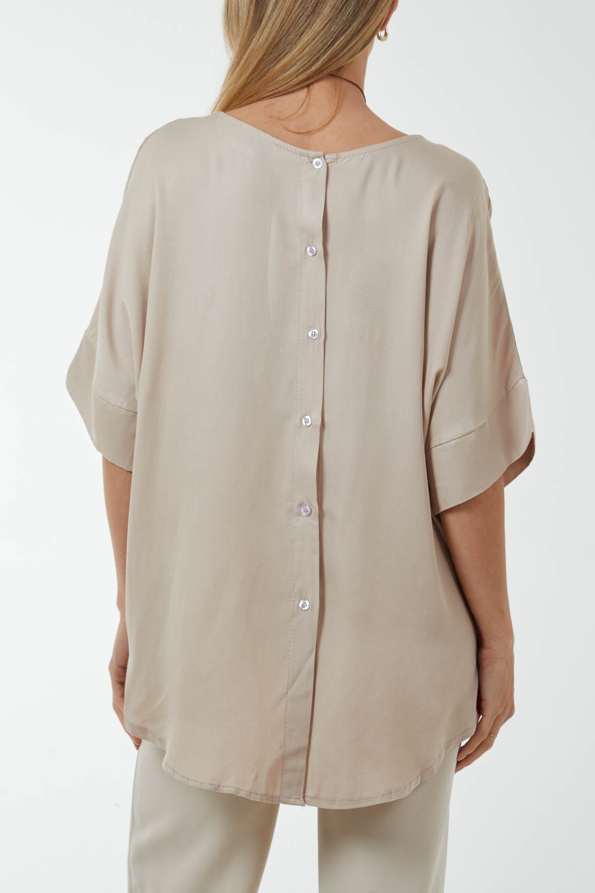 Button Back Asymmetric Necklace Top Tops WearAll