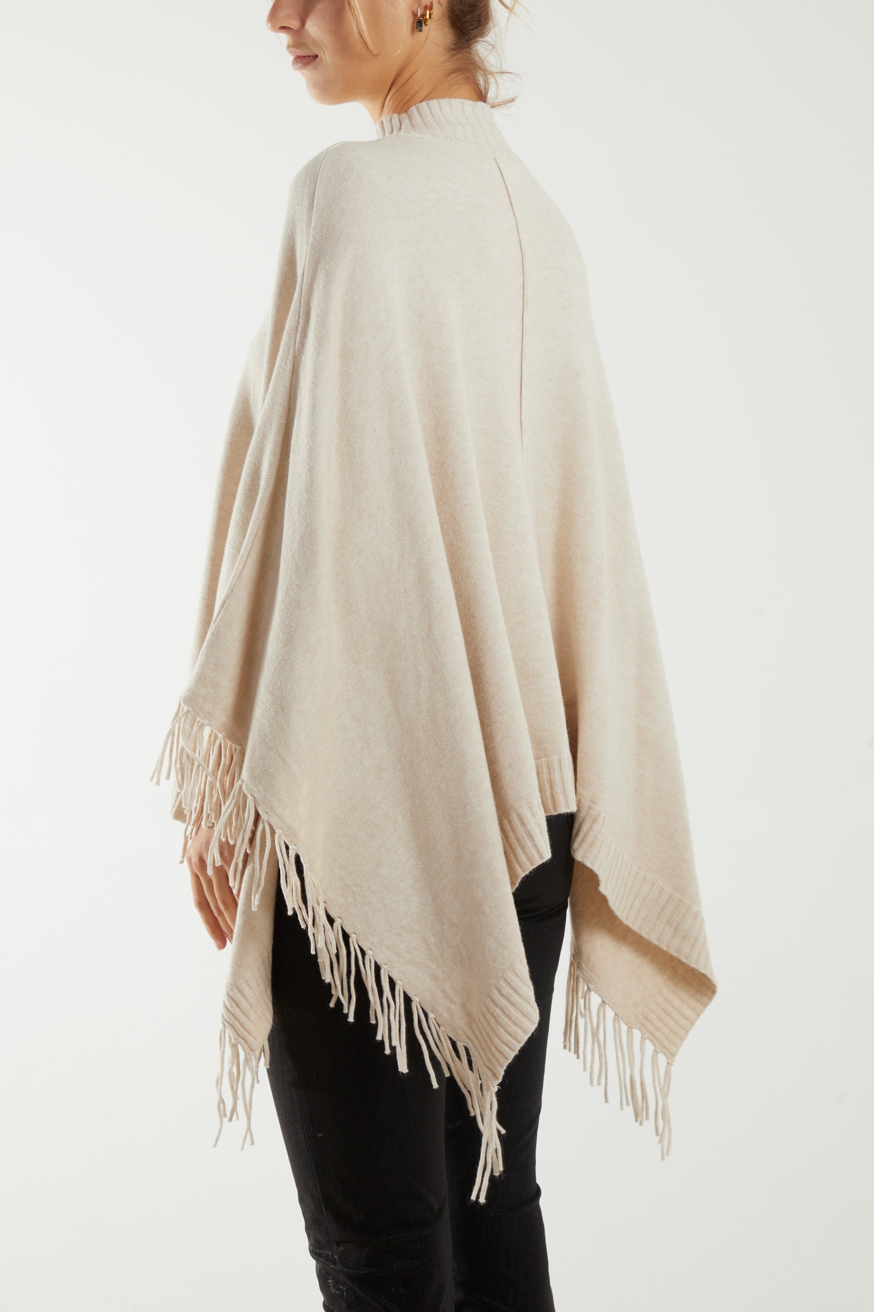 Turtle Neck Fringed Poncho Ponchos WearAll