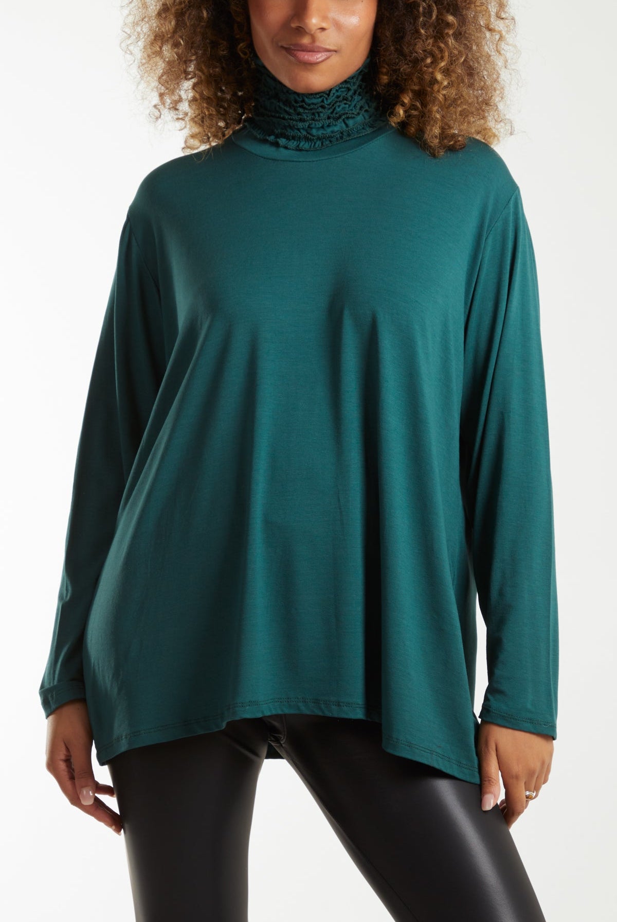 Long Sleeve Frill Turtle Neck Top Tops WearAll Bottle Green One Size