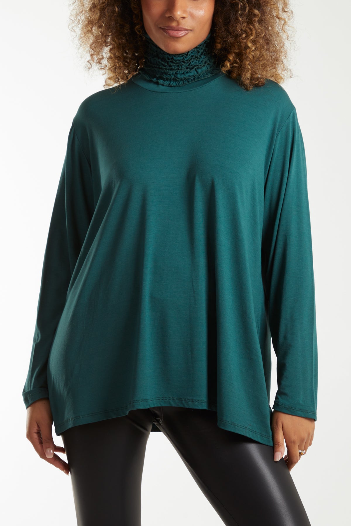 Long Sleeve Frill Turtle Neck Top Tops WearAll Bottle Green One Size