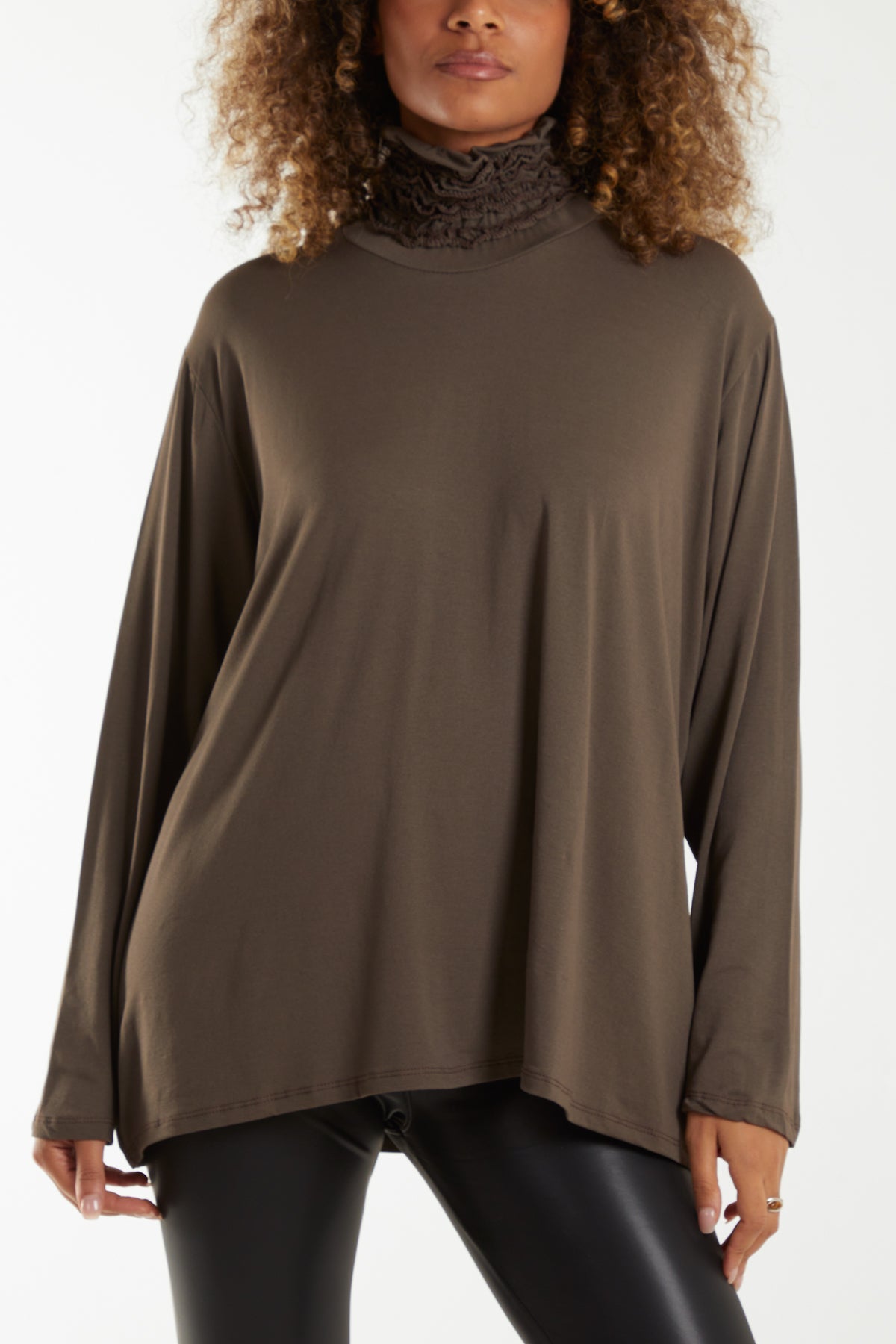 Long Sleeve Frill Turtle Neck Top Tops WearAll Brown One Size