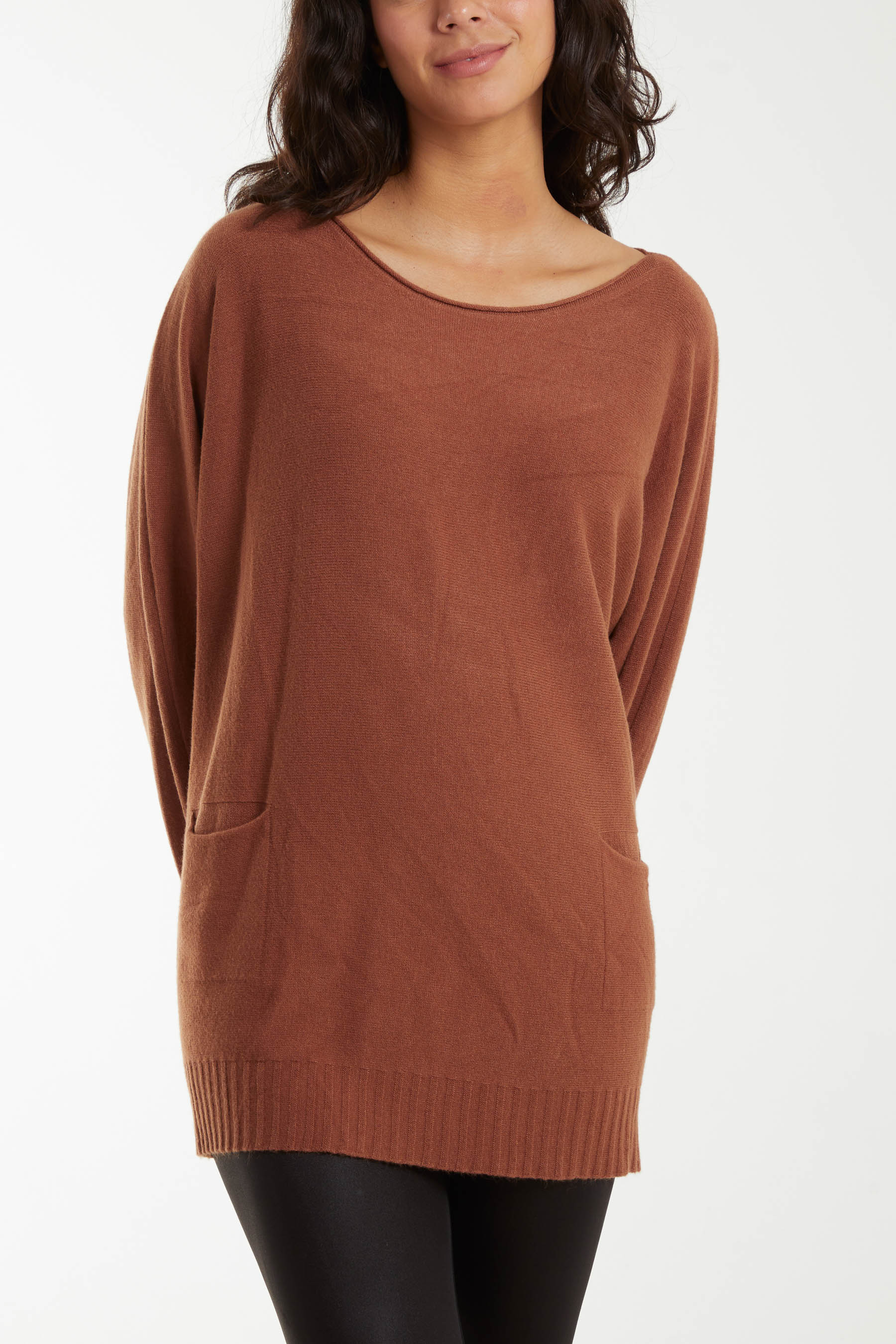Round Neck Fine Knit Pocket Jumper Jumpers WearAll Brown One Size