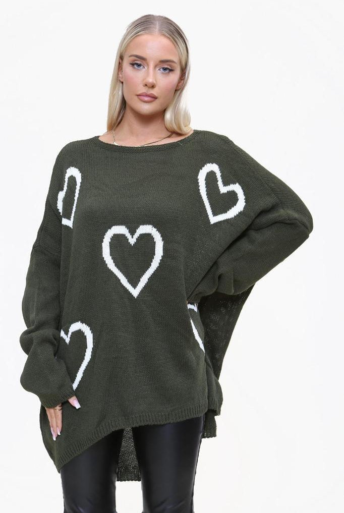 Heart Print Oversized Jumper Jumper & Cardigan WearAll Khaki 12-24