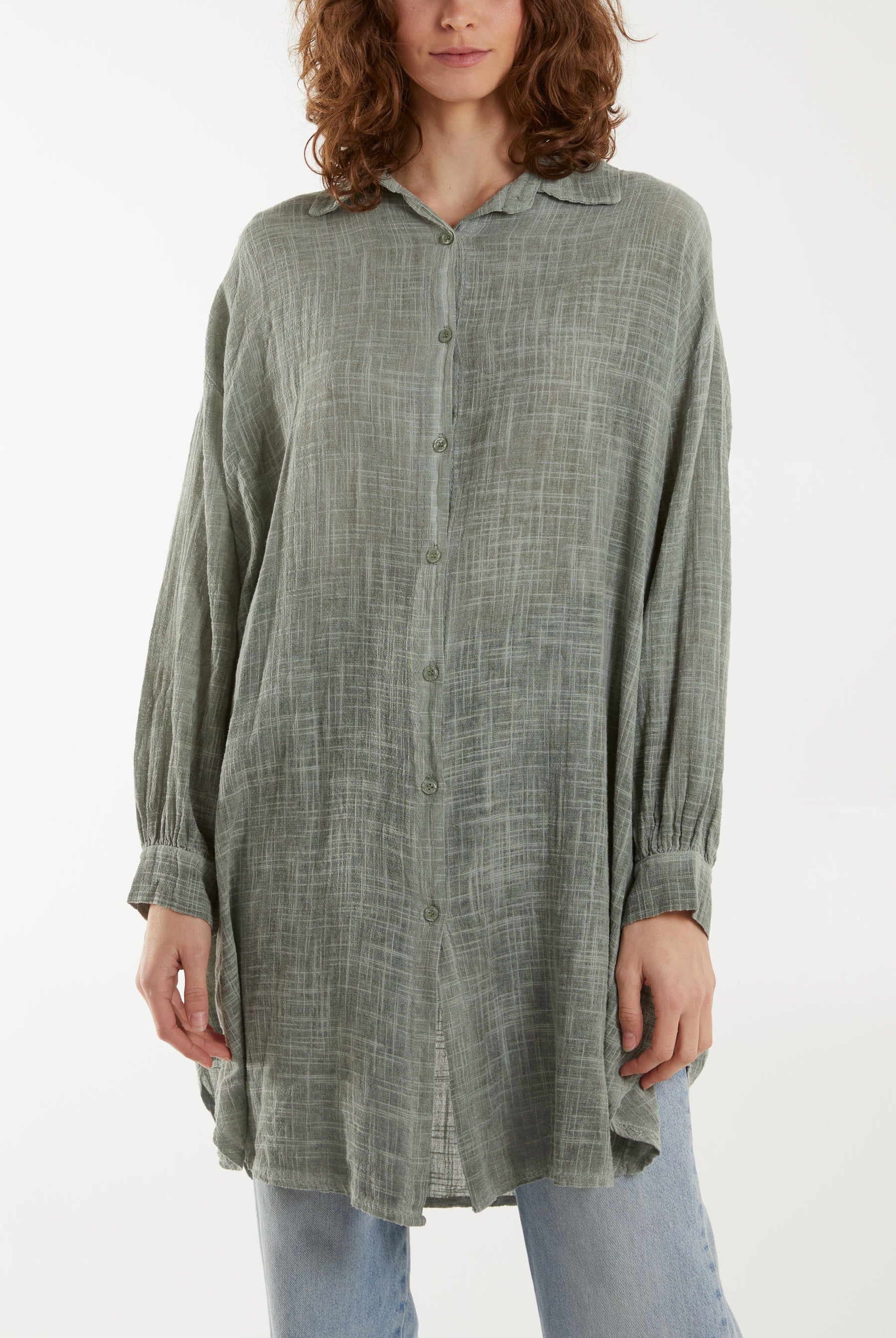 Oversized Button Through Acid Wash Shirt Shirts WearAll Khaki One Size