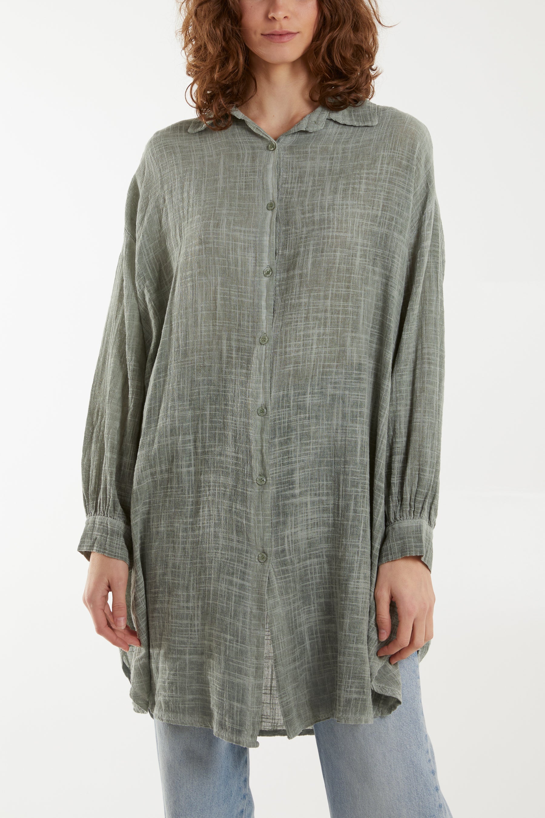 Oversized Button Through Acid Wash Shirt Shirts WearAll Khaki One Size