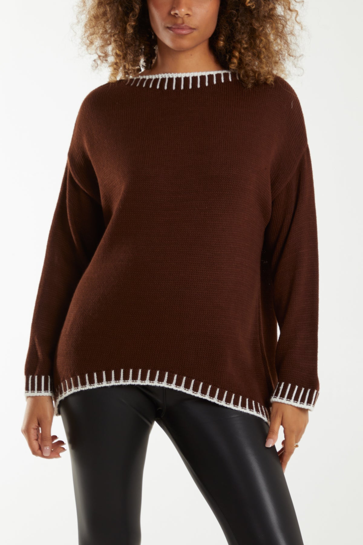 Stitch Edge Round Neck Jumper Jumpers WearAll Brown One Size