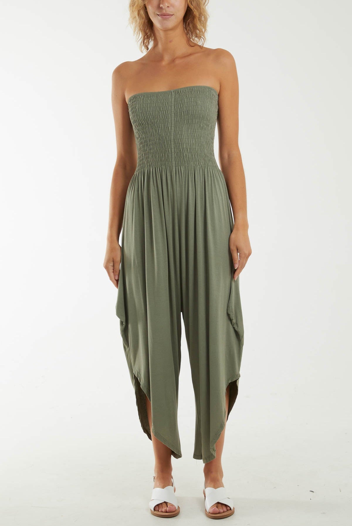 Shirred Top Asymmetric Hem Strapless Jumpsuit Dresses WearAll Khaki One Size