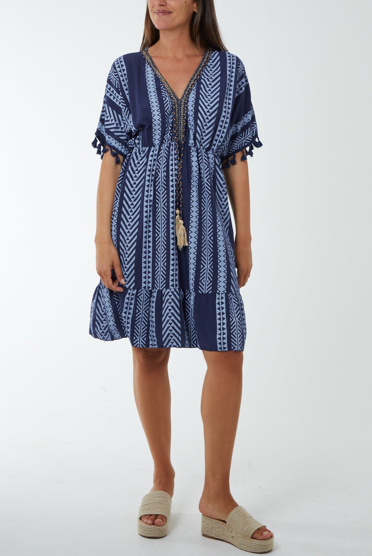 Aztec Print Mini Dress with Tassels Dresses WearAll Navy One Size