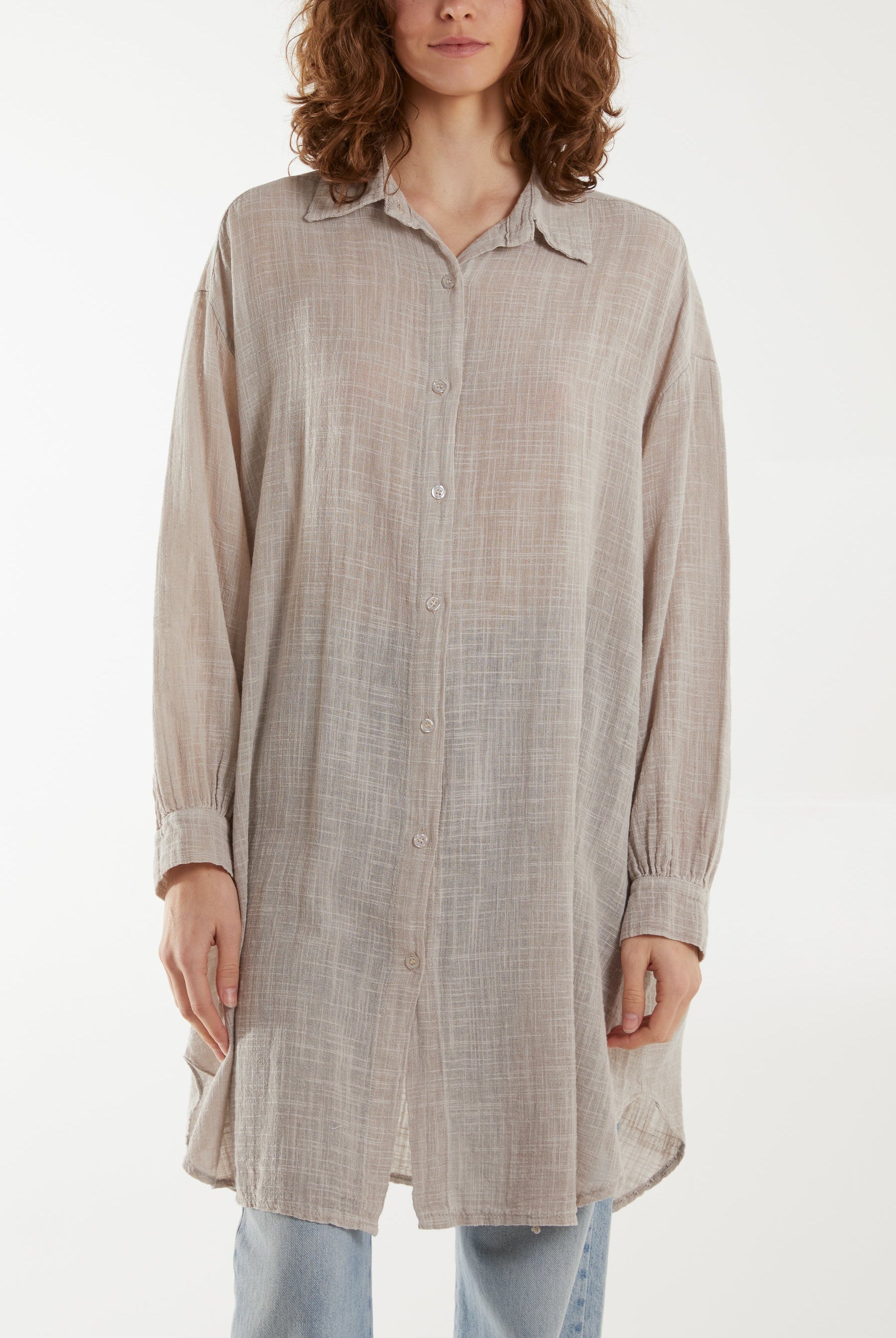 Oversized Button Through Acid Wash Shirt Shirts WearAll Stone One Size