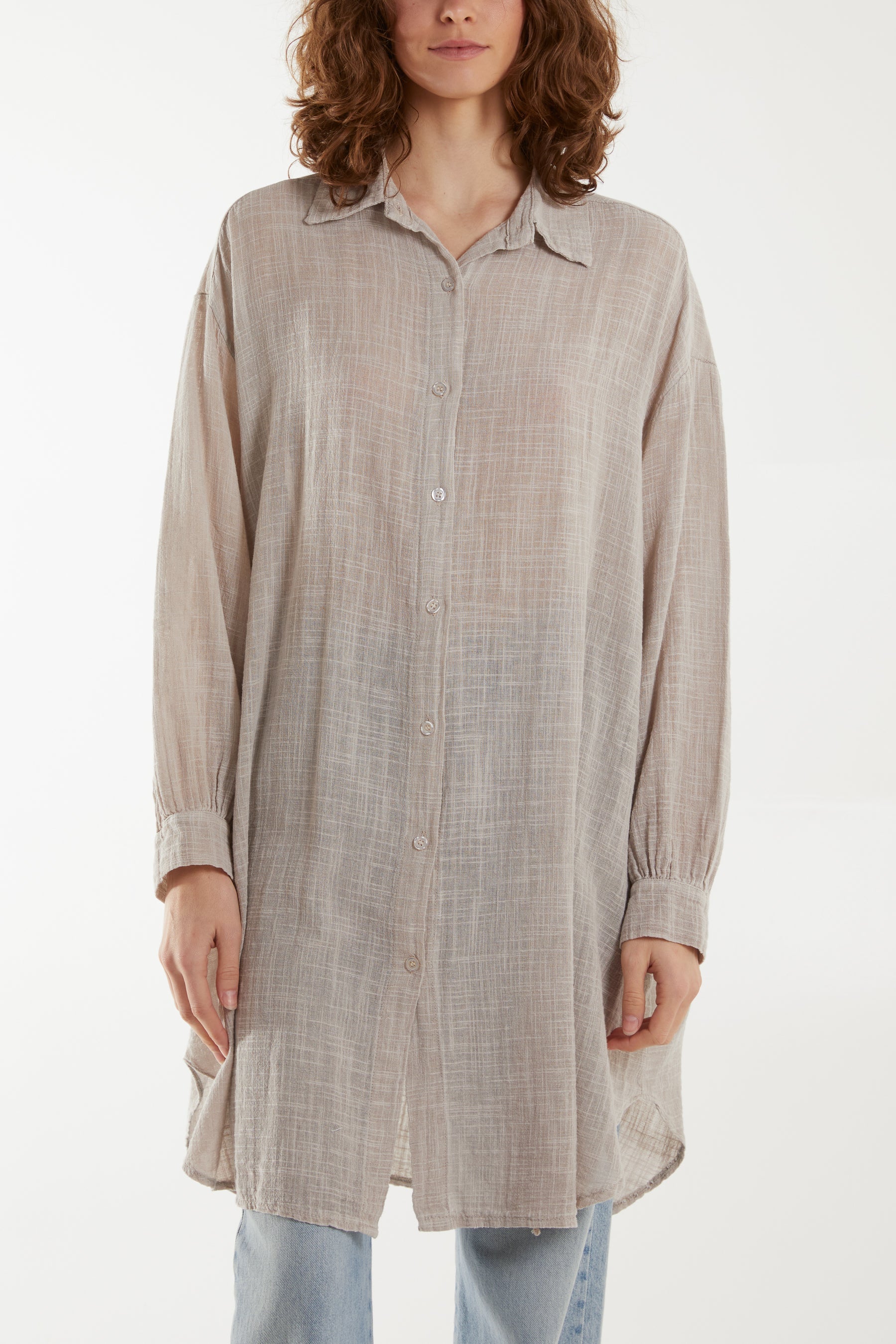 Oversized Button Through Acid Wash Shirt Shirts WearAll Stone One Size