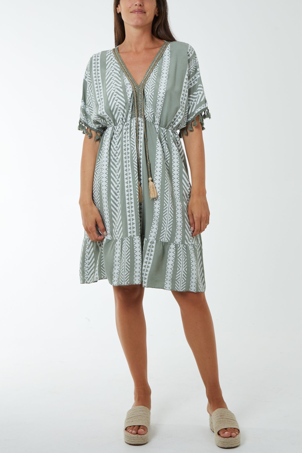 Aztec Print Mini Dress with Tassels Dresses WearAll Khaki One Size