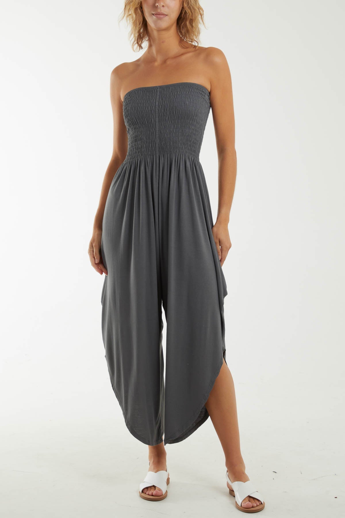 Shirred Top Asymmetric Hem Strapless Jumpsuit Dresses WearAll Charcoal One Size