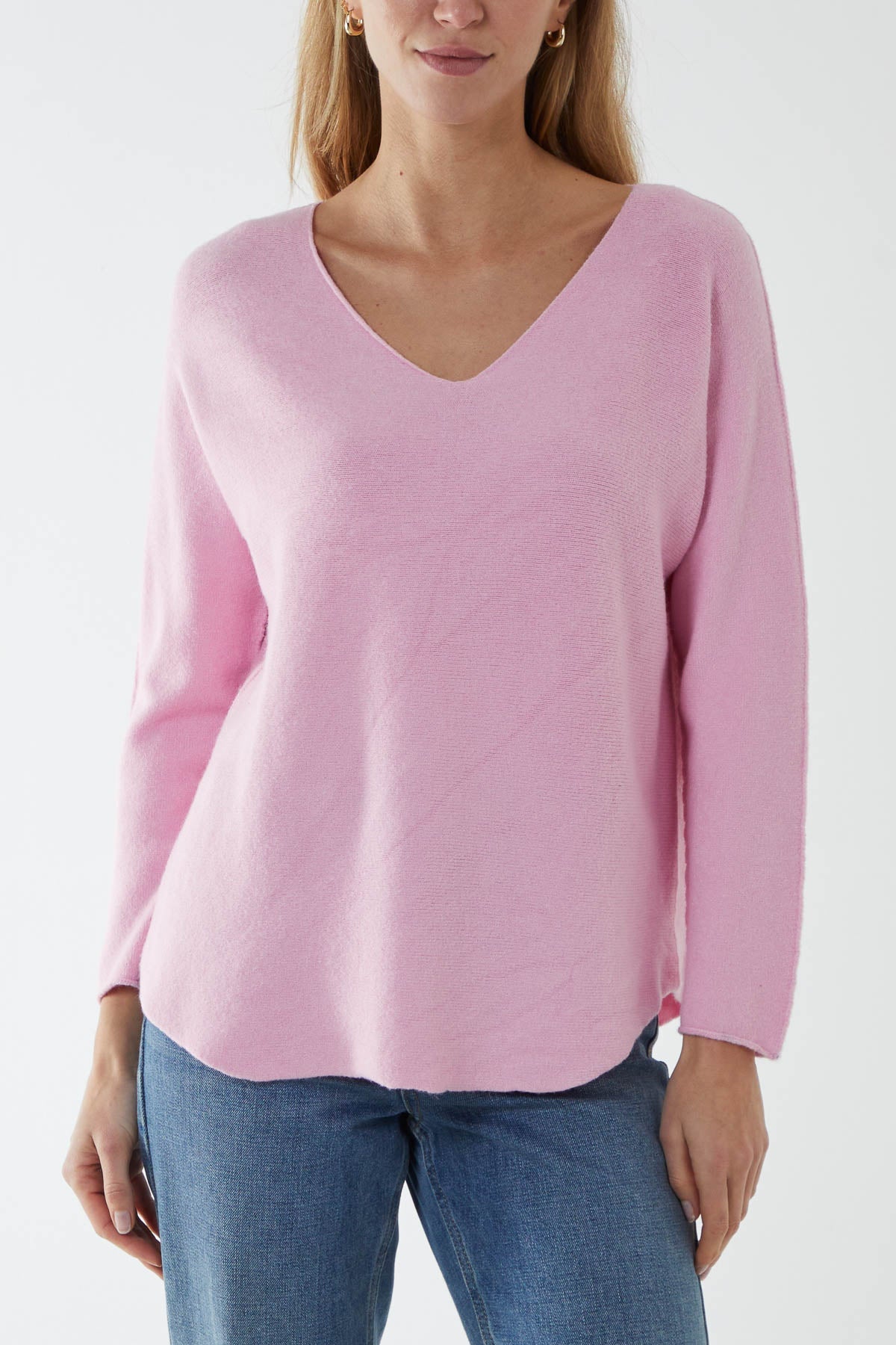 Raw Edge V-Neck Jumper TOPMF2 WearAll Pink One Size