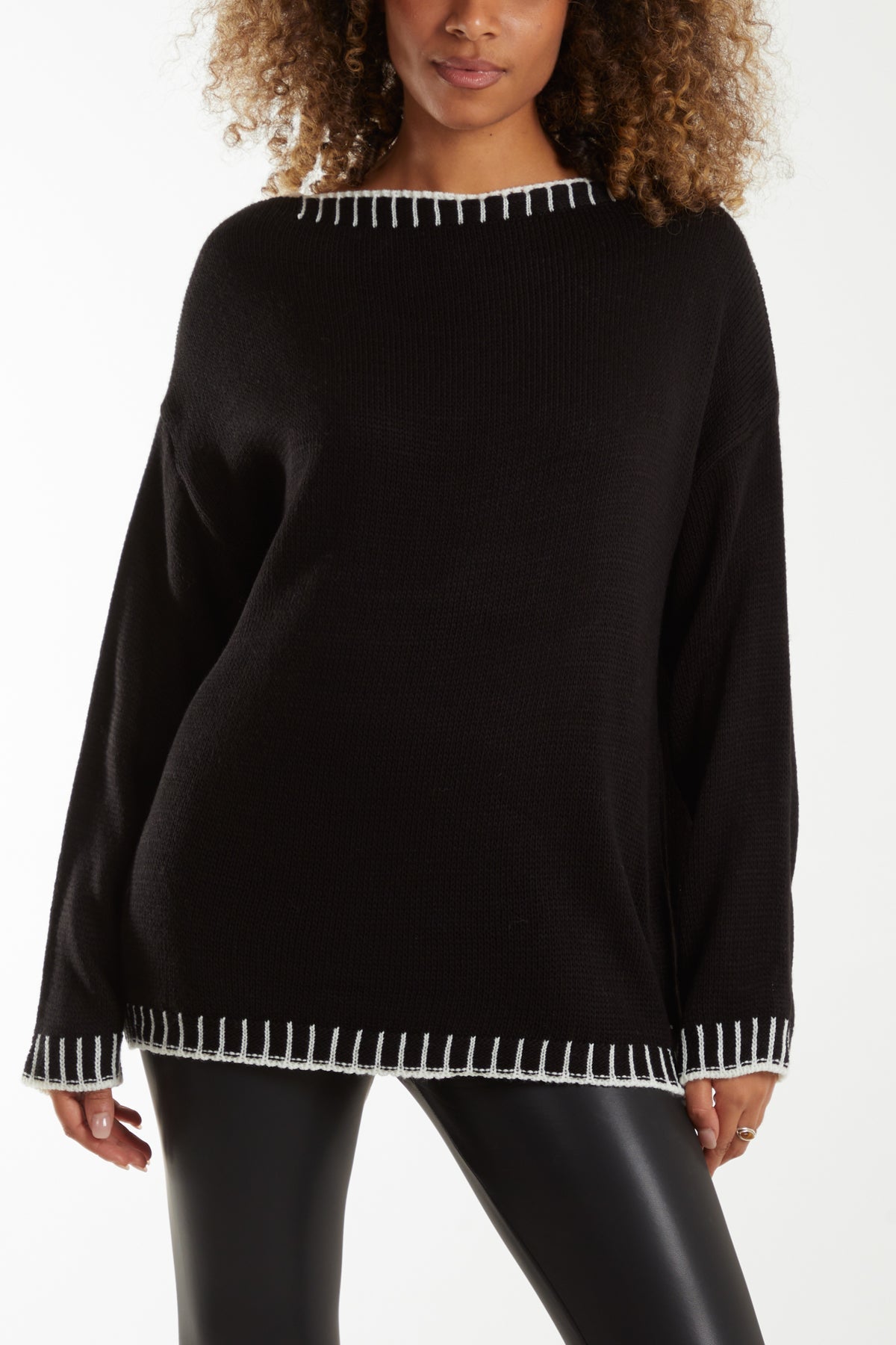 Stitch Edge Round Neck Jumper Jumpers WearAll Black One Size