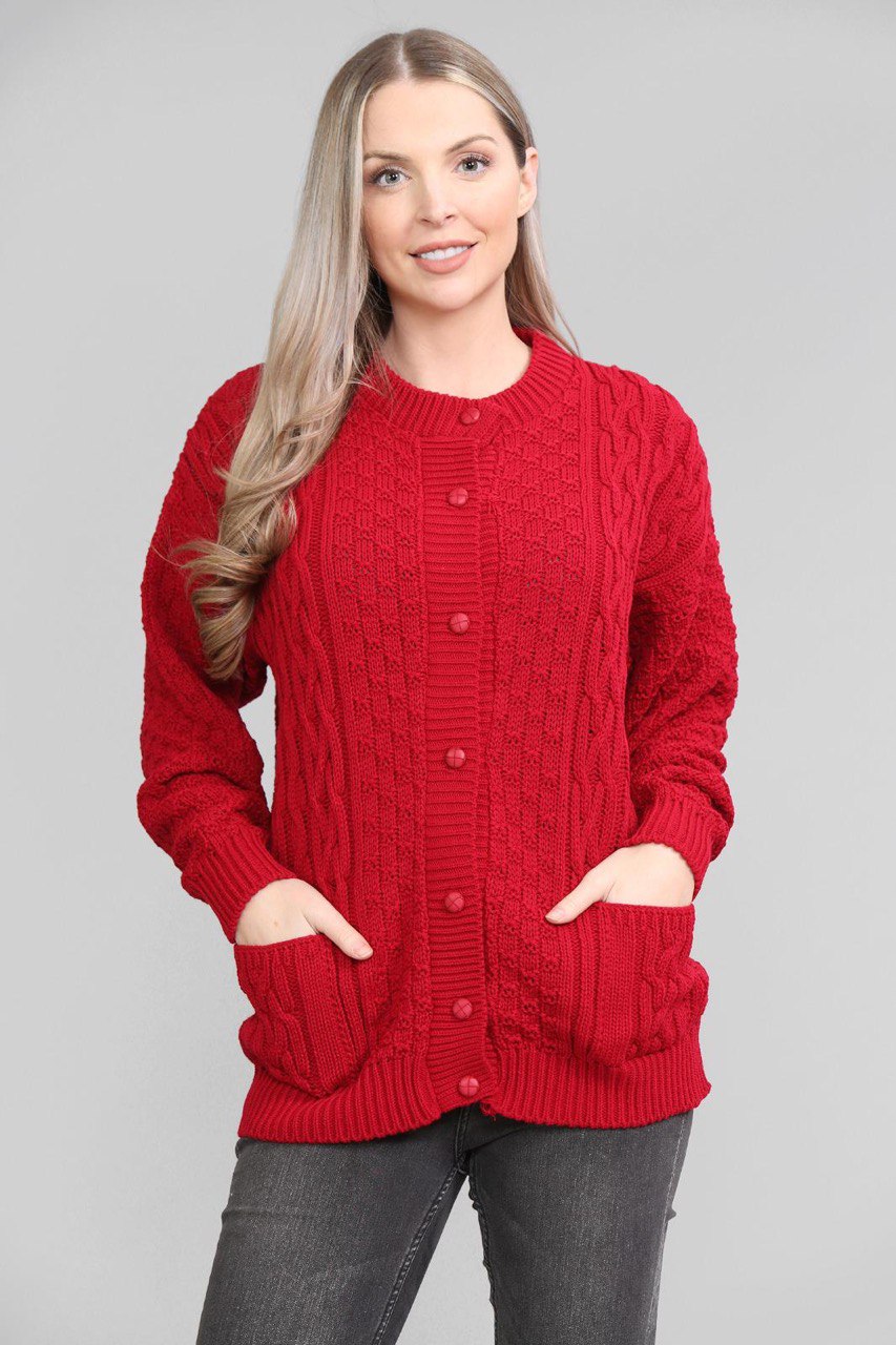 Chunky Cable Knit Long Sleeve Cardigan cardigan WearAll Red 16-18