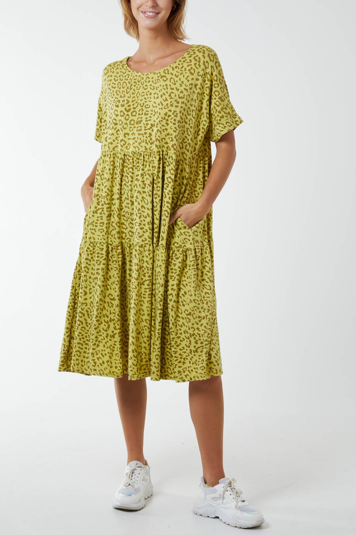 Scoop Neck Leopard Print Midi Tiered Dress DMF2 WearAll Olive Green One Size