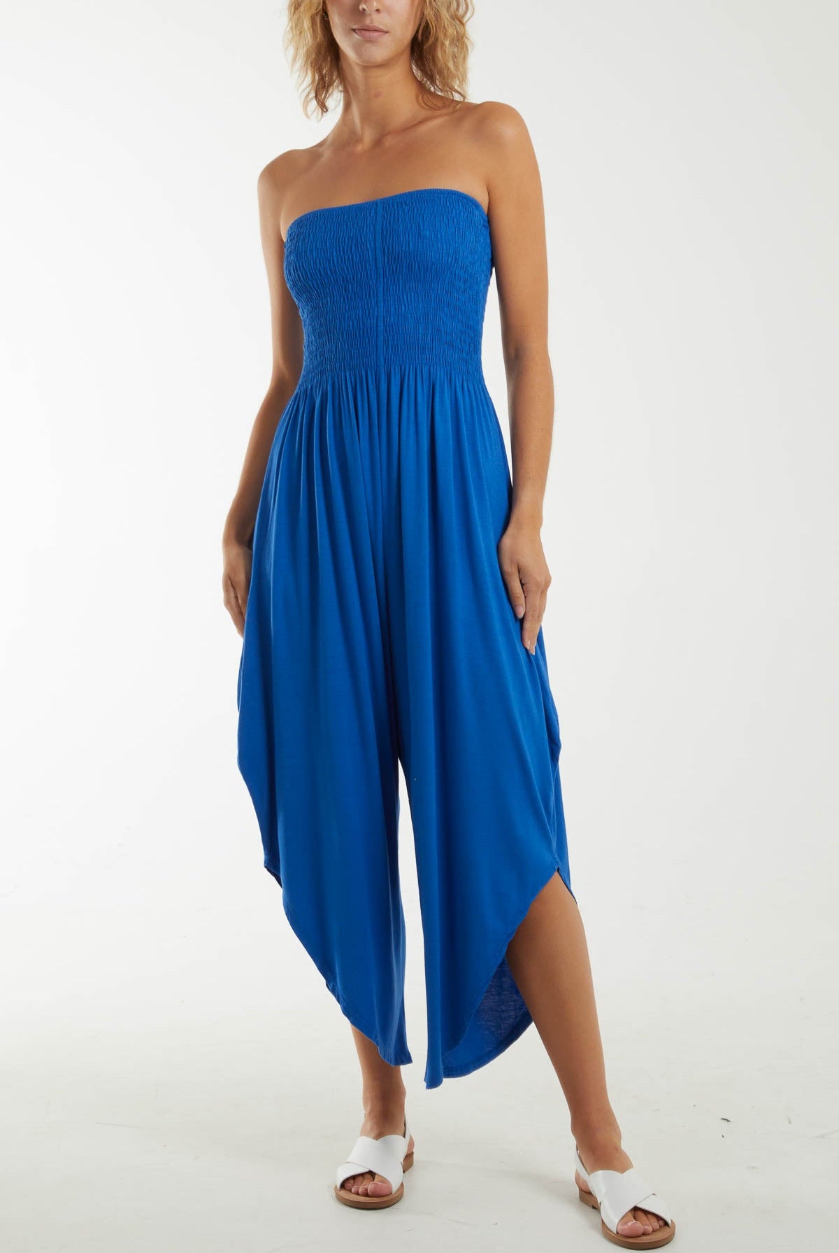Shirred Top Asymmetric Hem Strapless Jumpsuit Dresses WearAll Royal Blue One Size