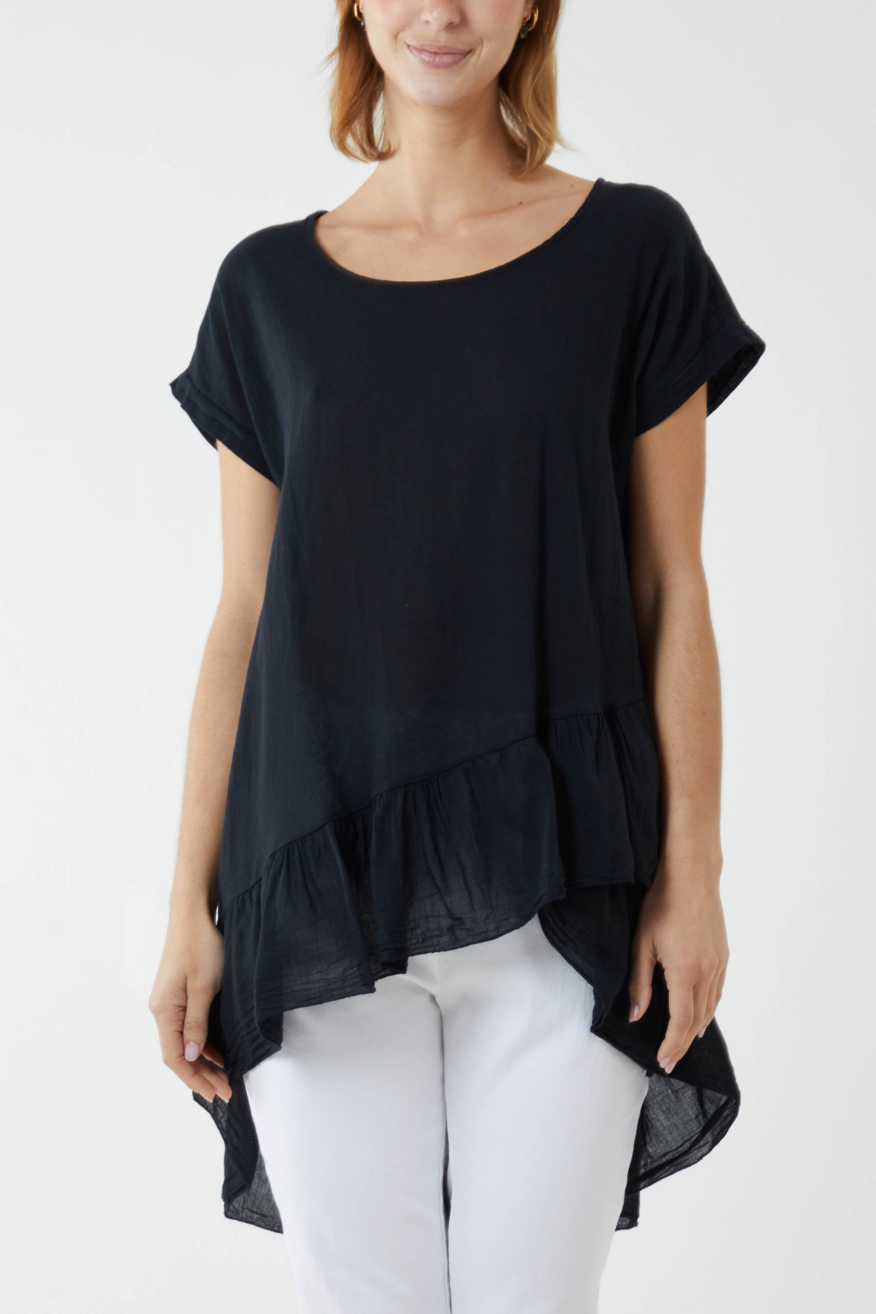 Oversized Dip Hem Cotton Blouse Blouses WearAll Black One Size