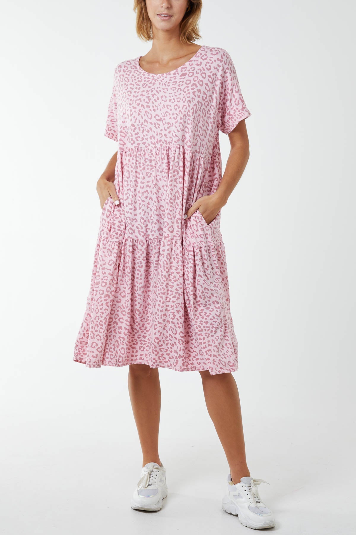Scoop Neck Leopard Print Midi Tiered Dress DMF2 WearAll Pink One Size
