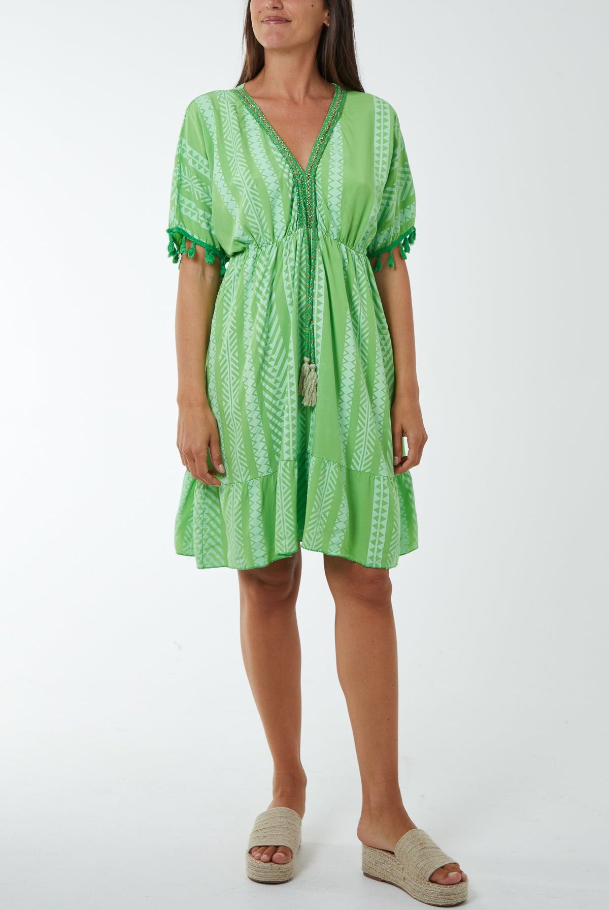 Aztec Print Mini Dress with Tassels Dresses WearAll Apple Green One Size