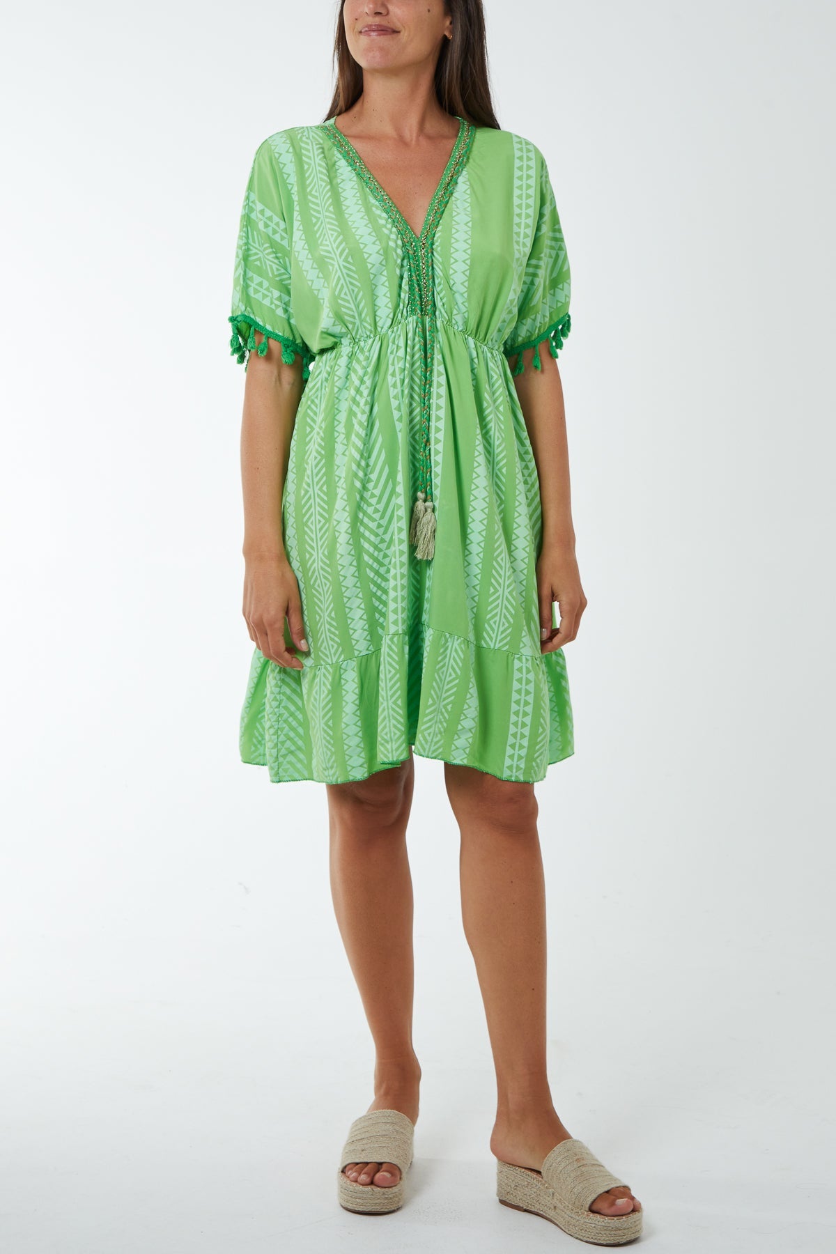 Aztec Print Mini Dress with Tassels Dresses WearAll Apple Green One Size