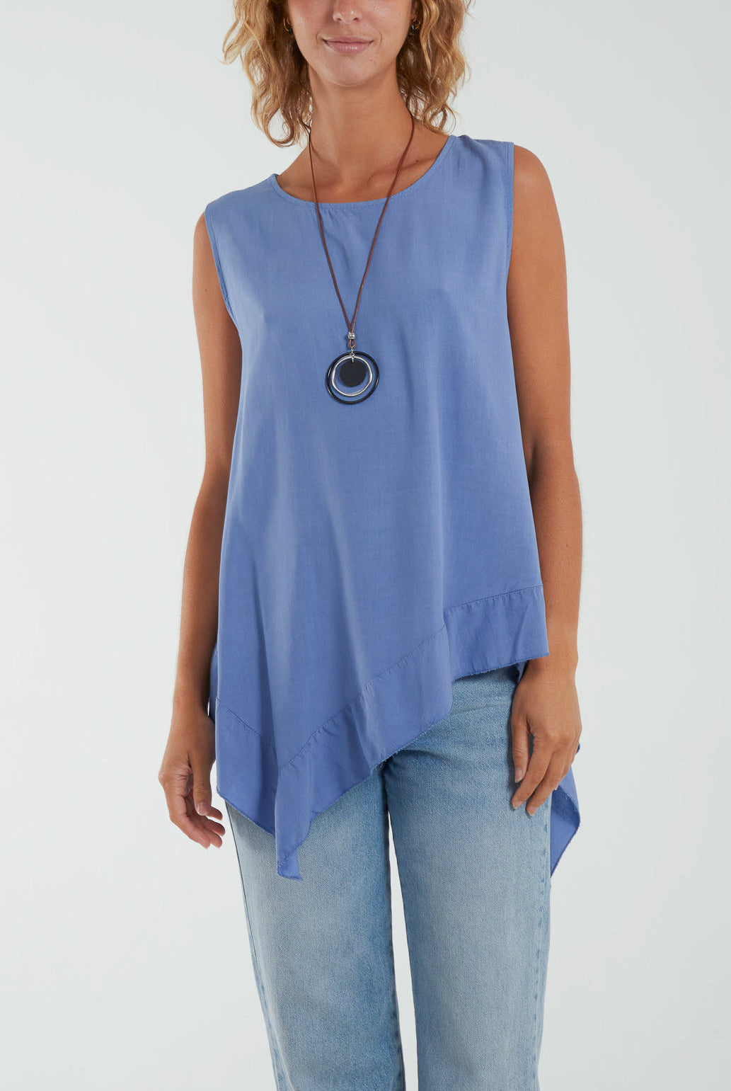 Sleeveless Asymmetric Frill Hem Necklace Top Tops WearAll Denim One Size