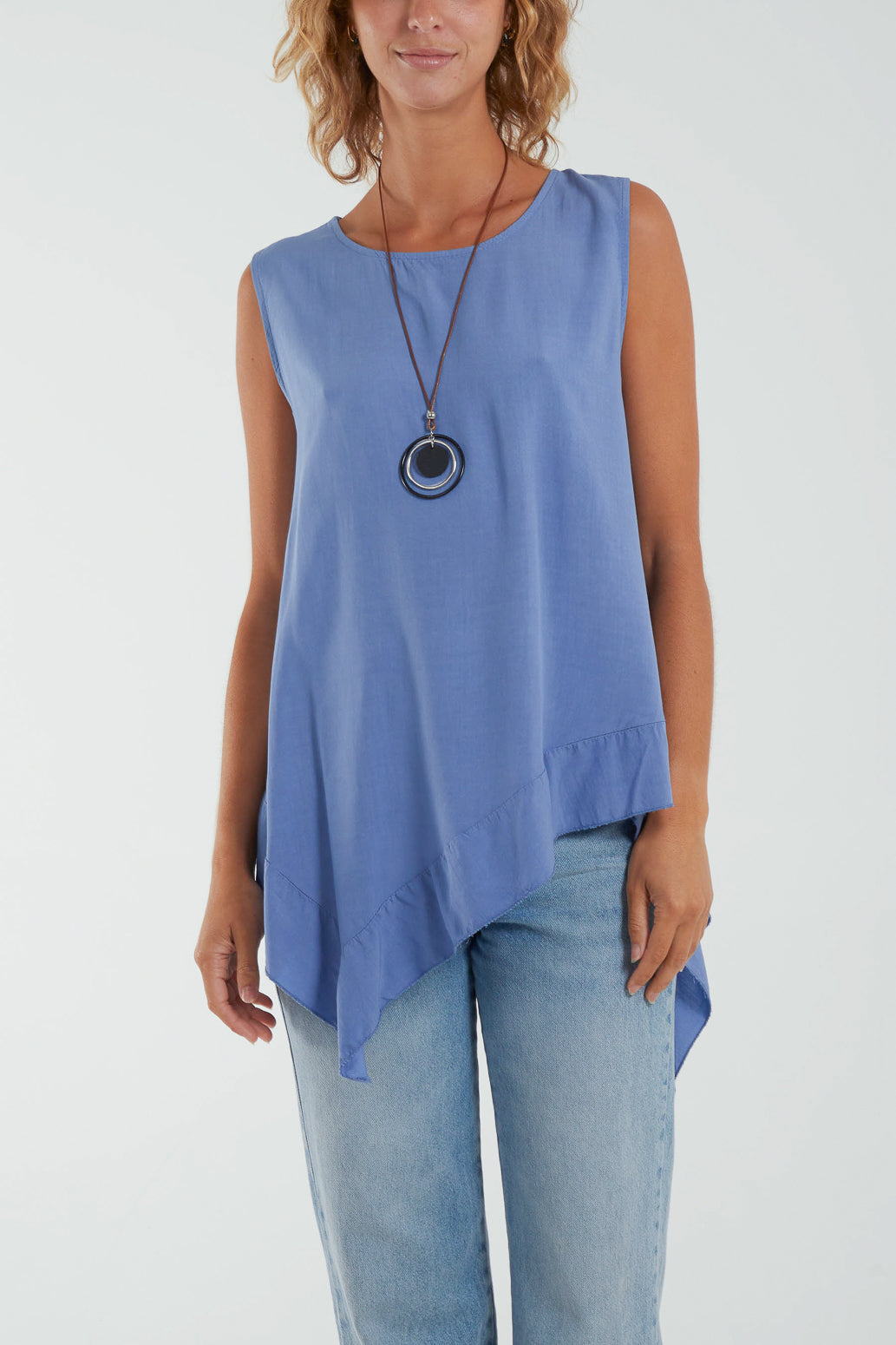 Sleeveless Asymmetric Frill Hem Necklace Top Tops WearAll Denim One Size
