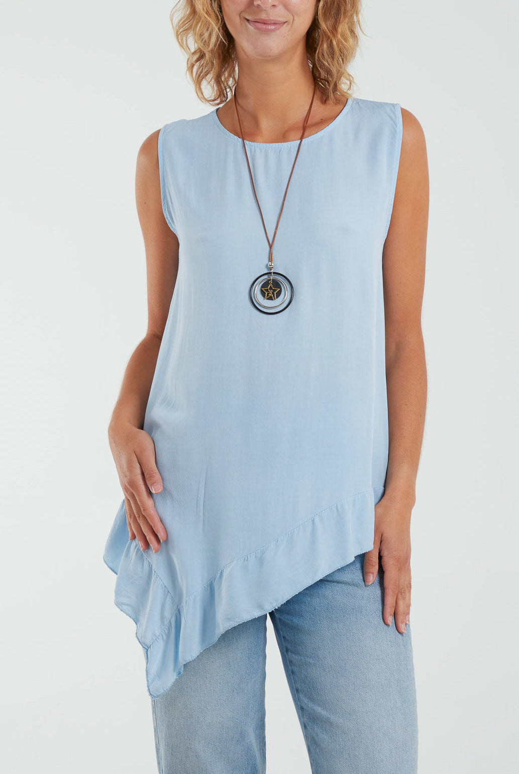 Sleeveless Asymmetric Frill Hem Necklace Top Tops WearAll Light Blue One Size