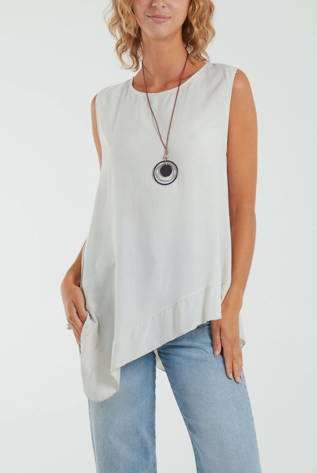 Sleeveless Asymmetric Frill Hem Necklace Top Tops WearAll Stone One Size