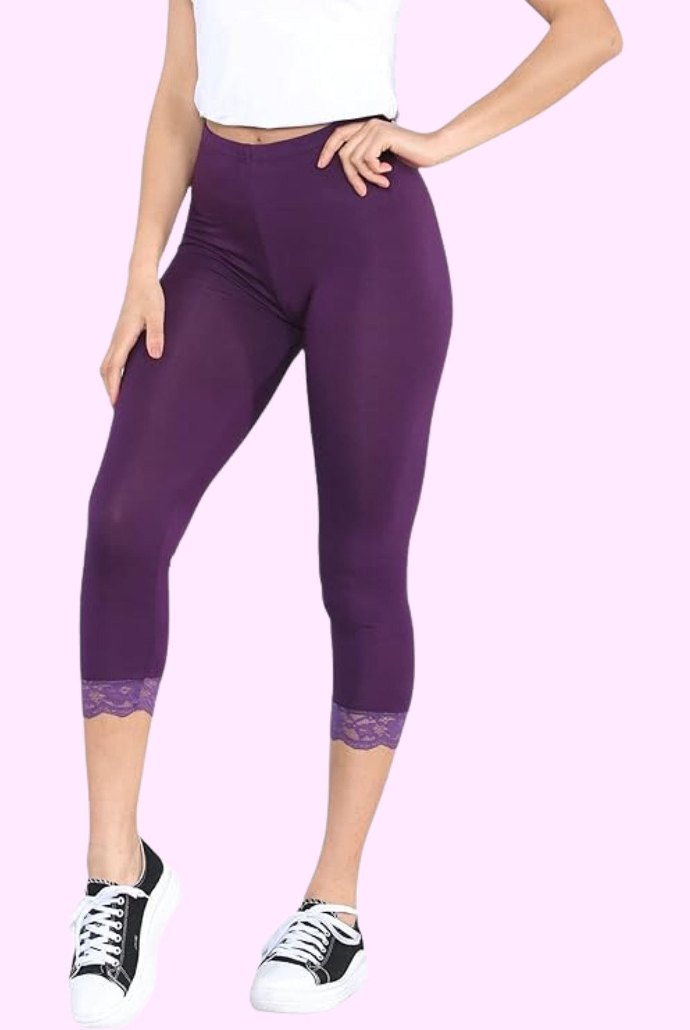 Capri 3/4 Lace Trim Leggings Leggings WearAll Purple 8-10