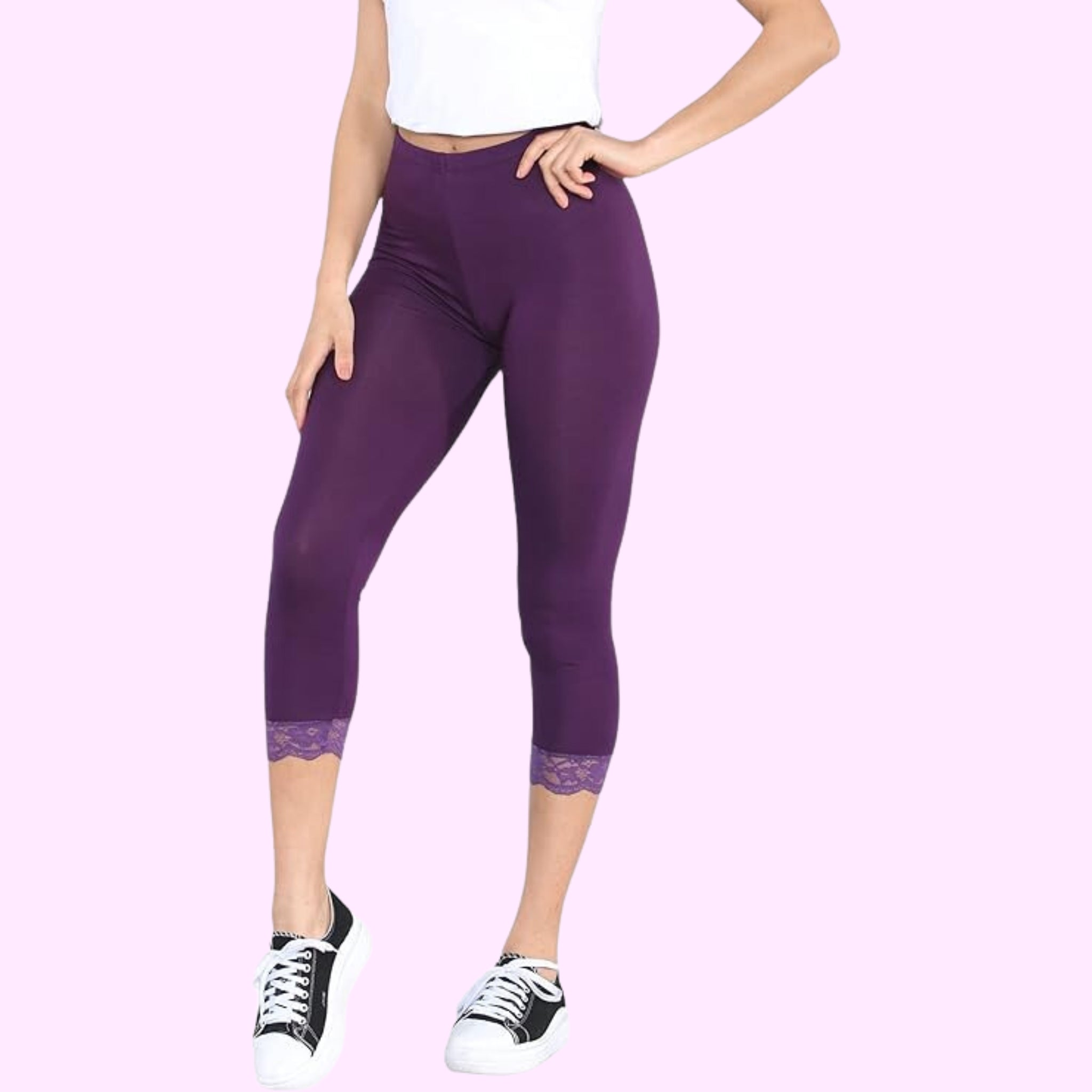 Capri 3/4 Lace Trim Leggings Leggings WearAll Purple 8-10