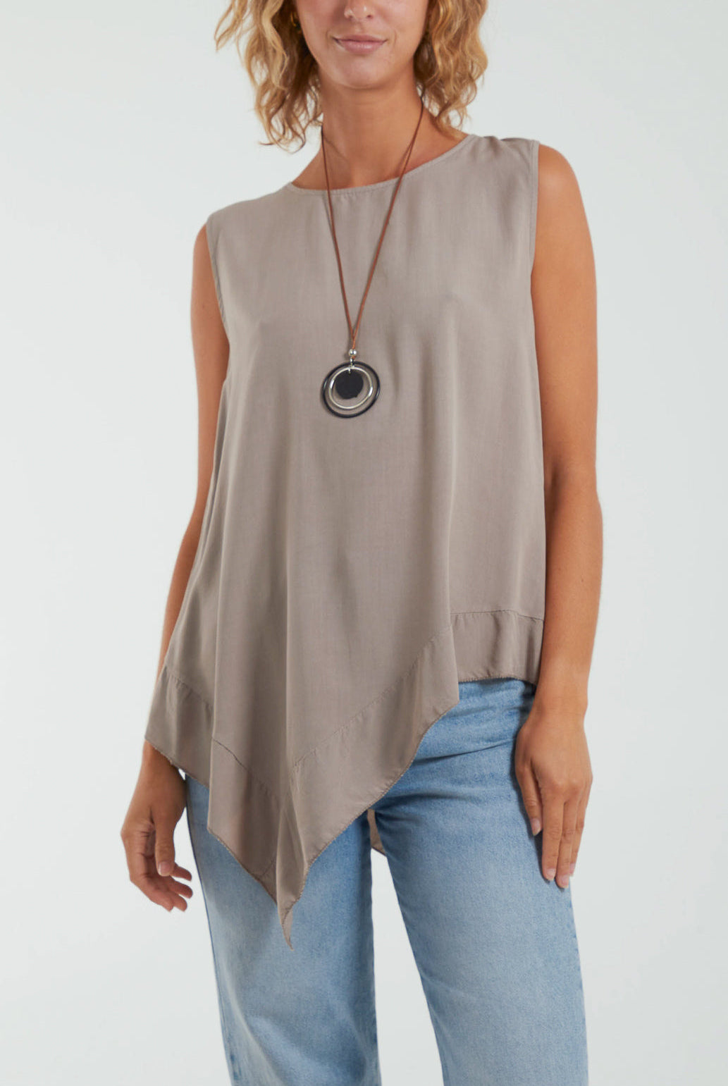 Sleeveless Asymmetric Frill Hem Necklace Top Tops WearAll Mocha One Size