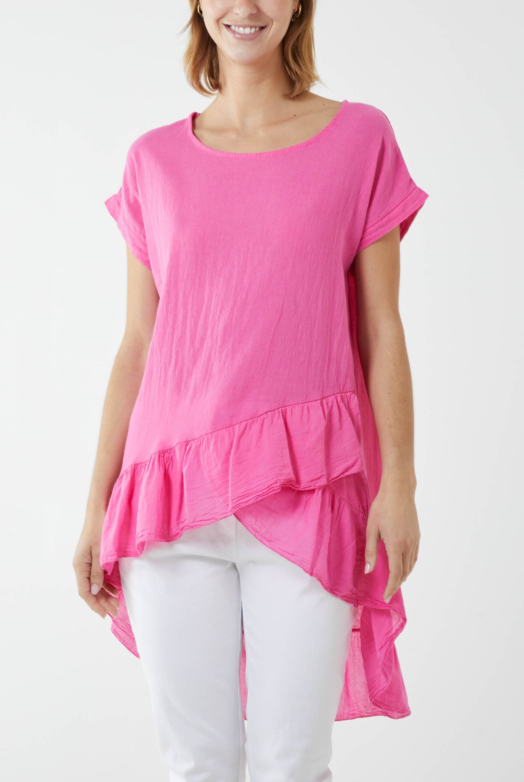 Oversized Dip Hem Cotton Blouse Blouses WearAll Hot Pink One Size