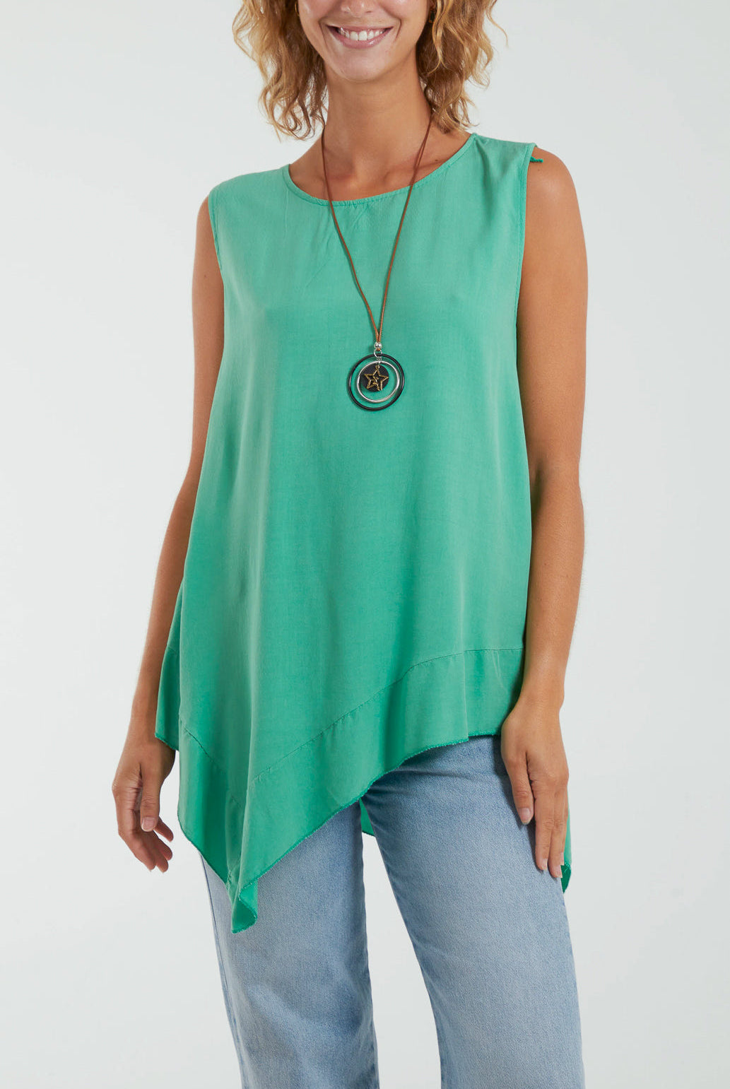Sleeveless Asymmetric Frill Hem Necklace Top Tops WearAll Jade One Size